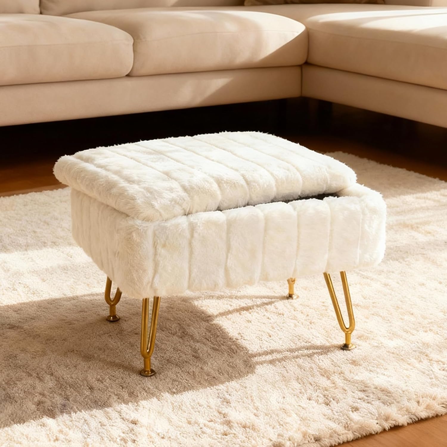 ACEQLYT® Small Storage Ottoman Foot Stool with Metal Legs and Padded Seat, Cute Plush White Foot Rest for Couch and Chair