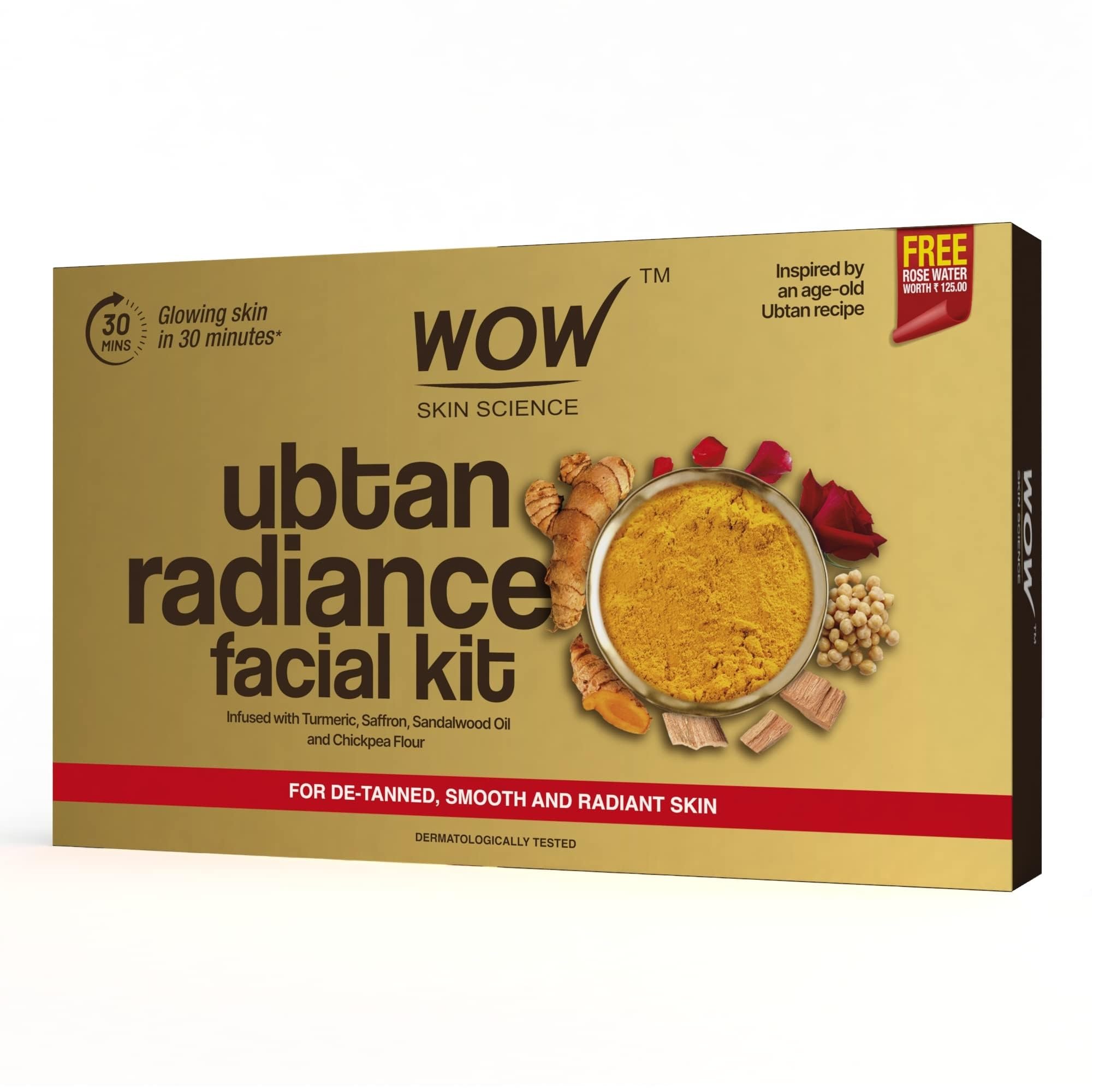 WOW Skin Science Ubtan Radiance Facial Kit for Glowing Skin|Helps Remove Tan and Gives Radiant Skin | 6 Easy Steps | Suitable for All Skin Types | Free Rose Water | 100ml (Pack of 7)
