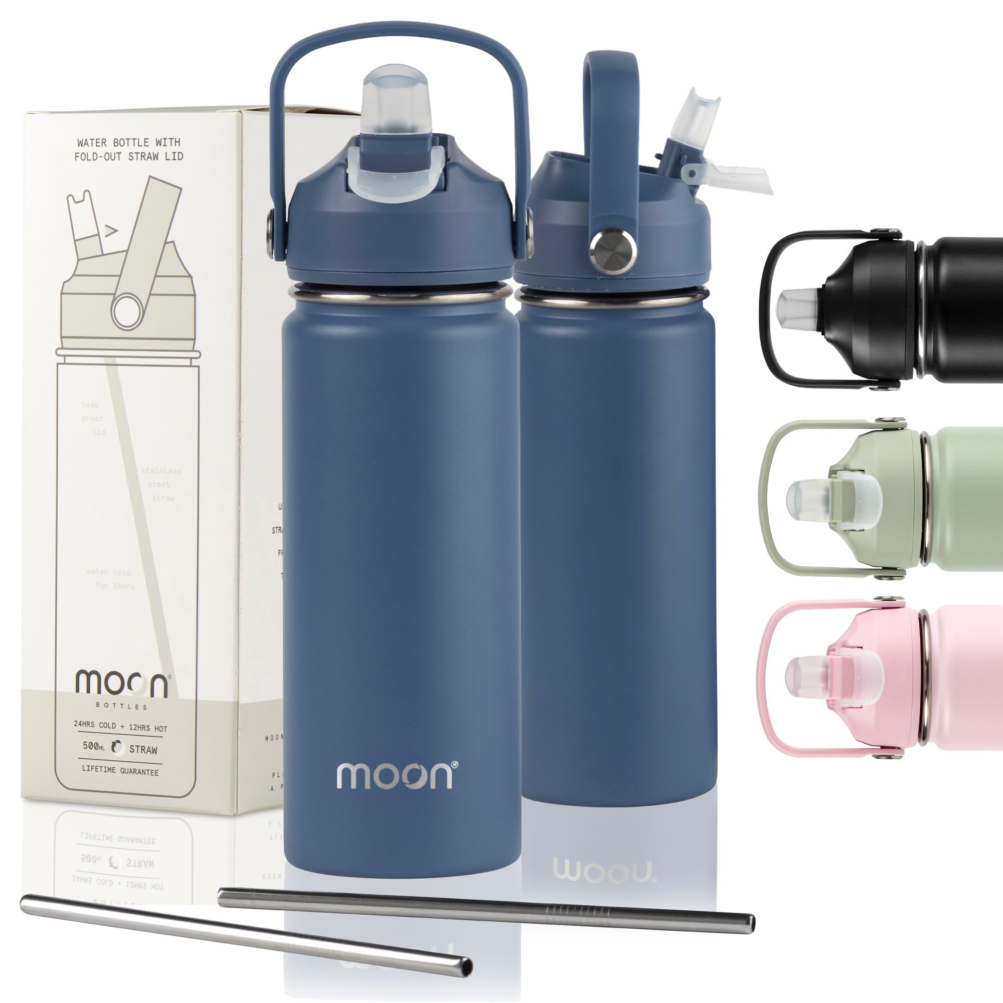 Moon Bottles - Insulated Water Bottle with Straw - Stainless Steel Sports Drink Bottle, Thermal Flask, 24hr Cold, 12hr Hot, Double Walled, Metal Straw, Silicon Spout, UK Company (500ml, Blue)