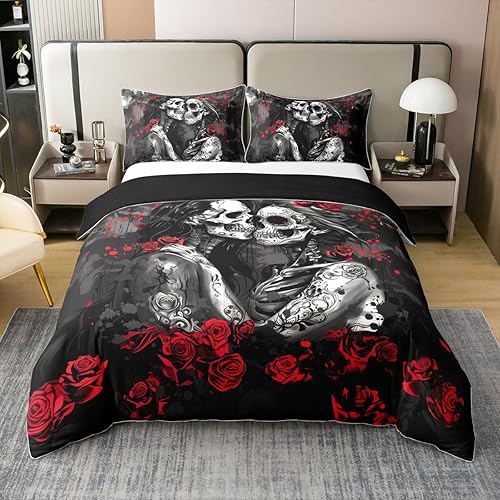 100% Cotton Sugar Skull Couple King Bedding Set Goth Romanti