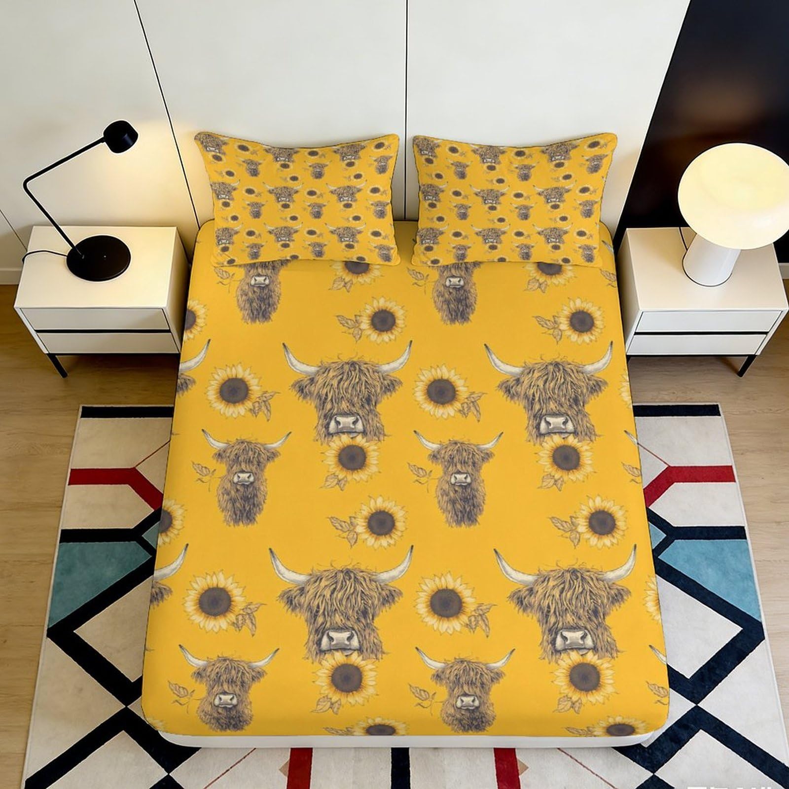 3D Printed Highland Cow Sunflower Fitted Sheet Microfiber Non-slip Bed Cover for Bedroom Dorm Decor 115 160x200x25cm