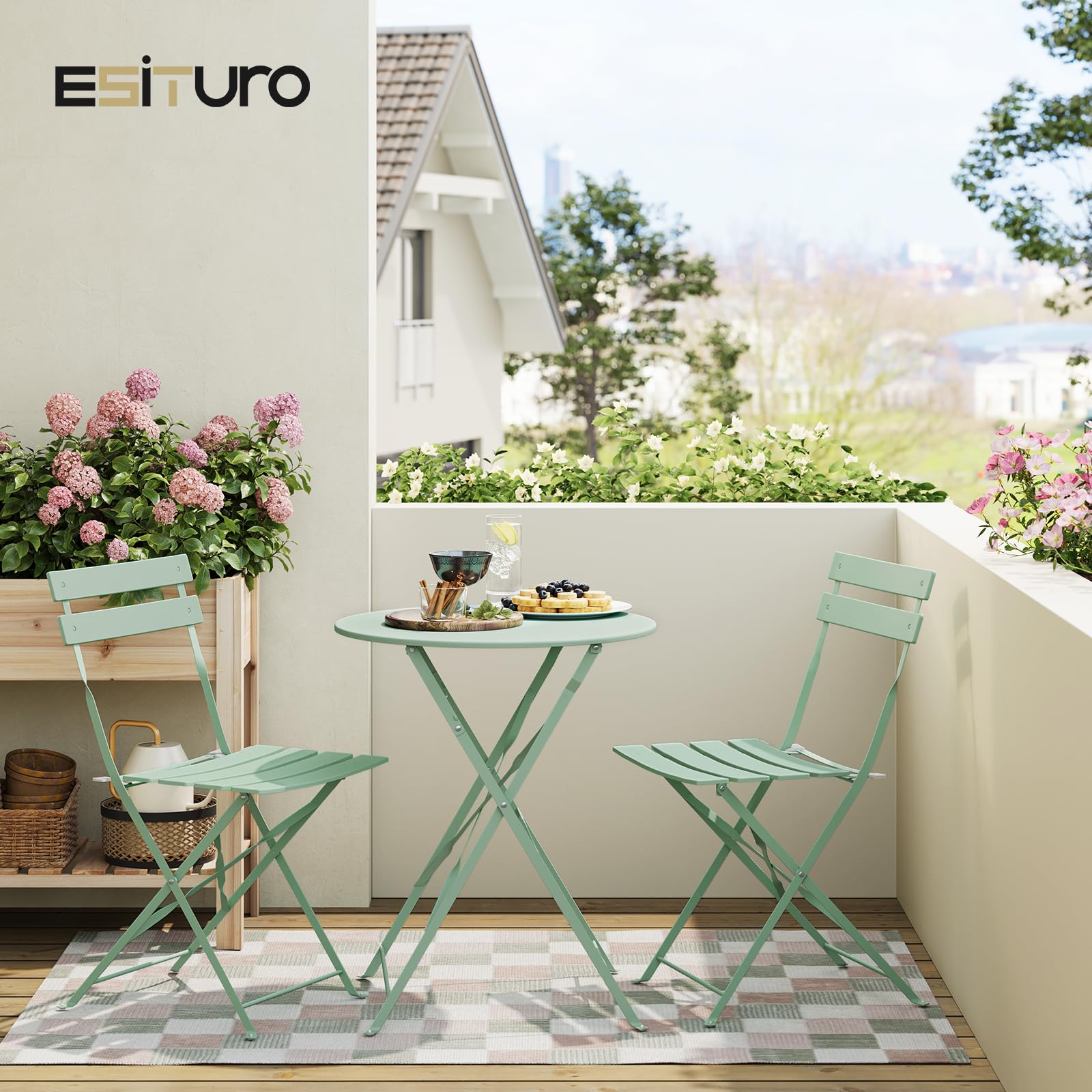 eSituro Conjunto Muebles Jardín, Mesa y 2 Sillas Plegables de Terraza, Muebles para Bistró, Balcón, Patio y Exterior, Metal Resistente, Verde