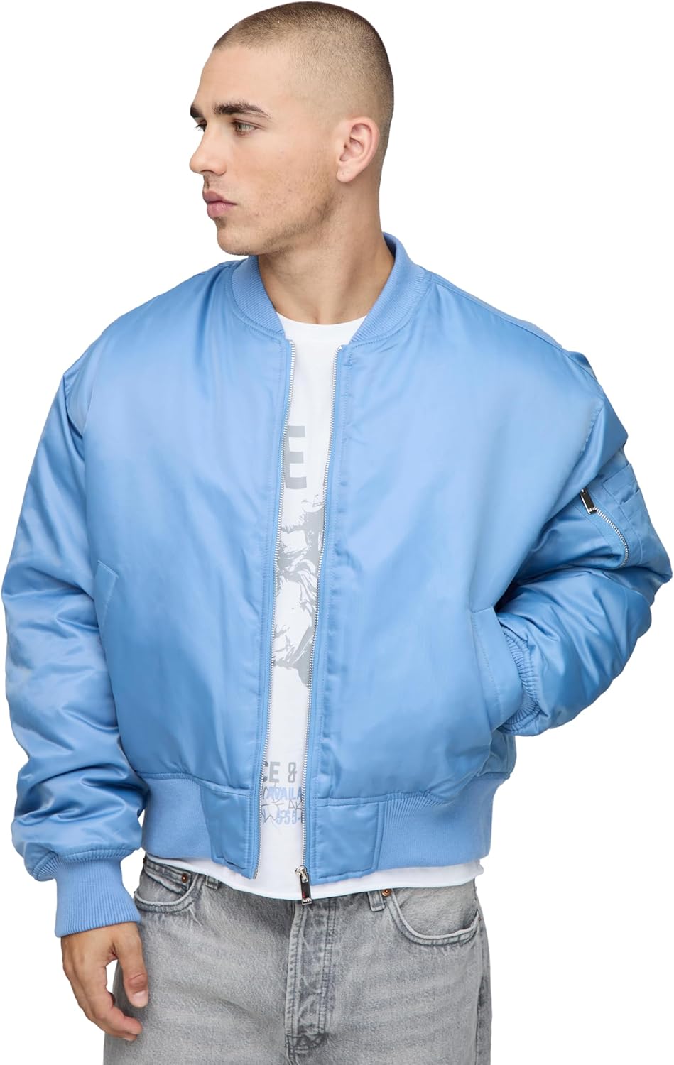 Oversized Boxy Curved Hem Nylon Bomber Jacket