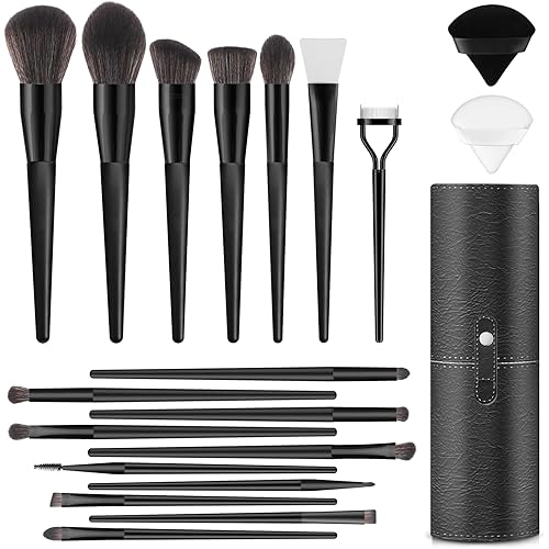 Professional Makeup Brush Set, LUXBRU 20PCs Makeup Brushes with Foundation Eyebrow Blending Concealer Blush Eyeshadow Contour Powder Brush, Make Up Brushes Kit with Travel Case & 2 Powder Puff-Black