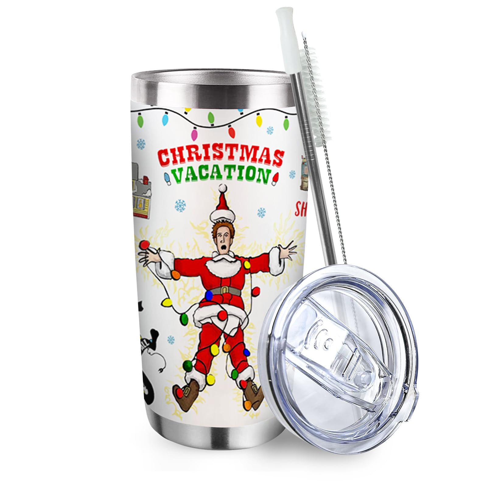 Zzkol Christmas Vacation Tumbler with Lid and Straw, Xmas Santa Clark Stainless Steel Travel Coffee Cup, Funny Christmas New Year Gifts, 20oz Double Wall Vacuum Insulated Mug