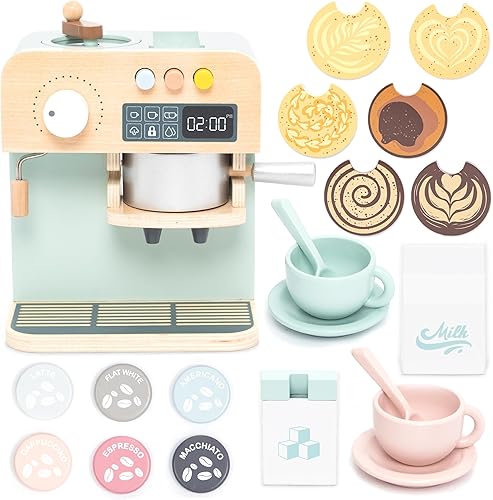 UMU Cafetera de juguete de madera para niños, accesorio de cocina de juego de simulación para niños pequeños, juego de máquina de café expreso,