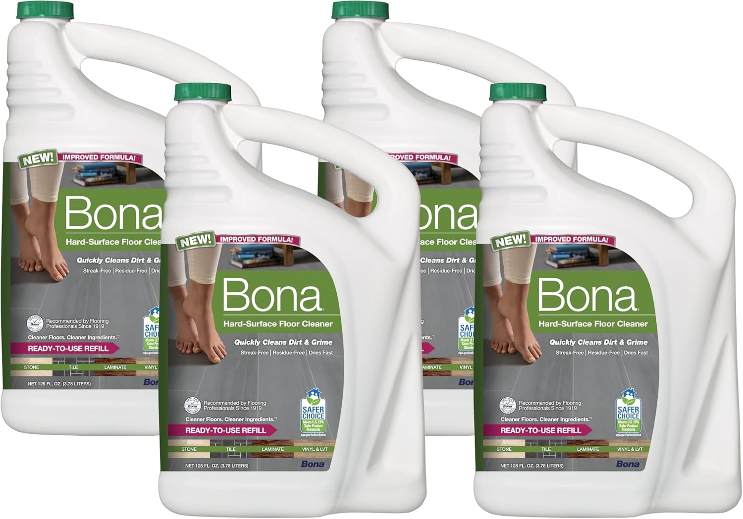 Bona Hard-Surface Floor Cleaner Refill, for Stone Tile Laminate and Vinyl LVT/LVP, 4 pack