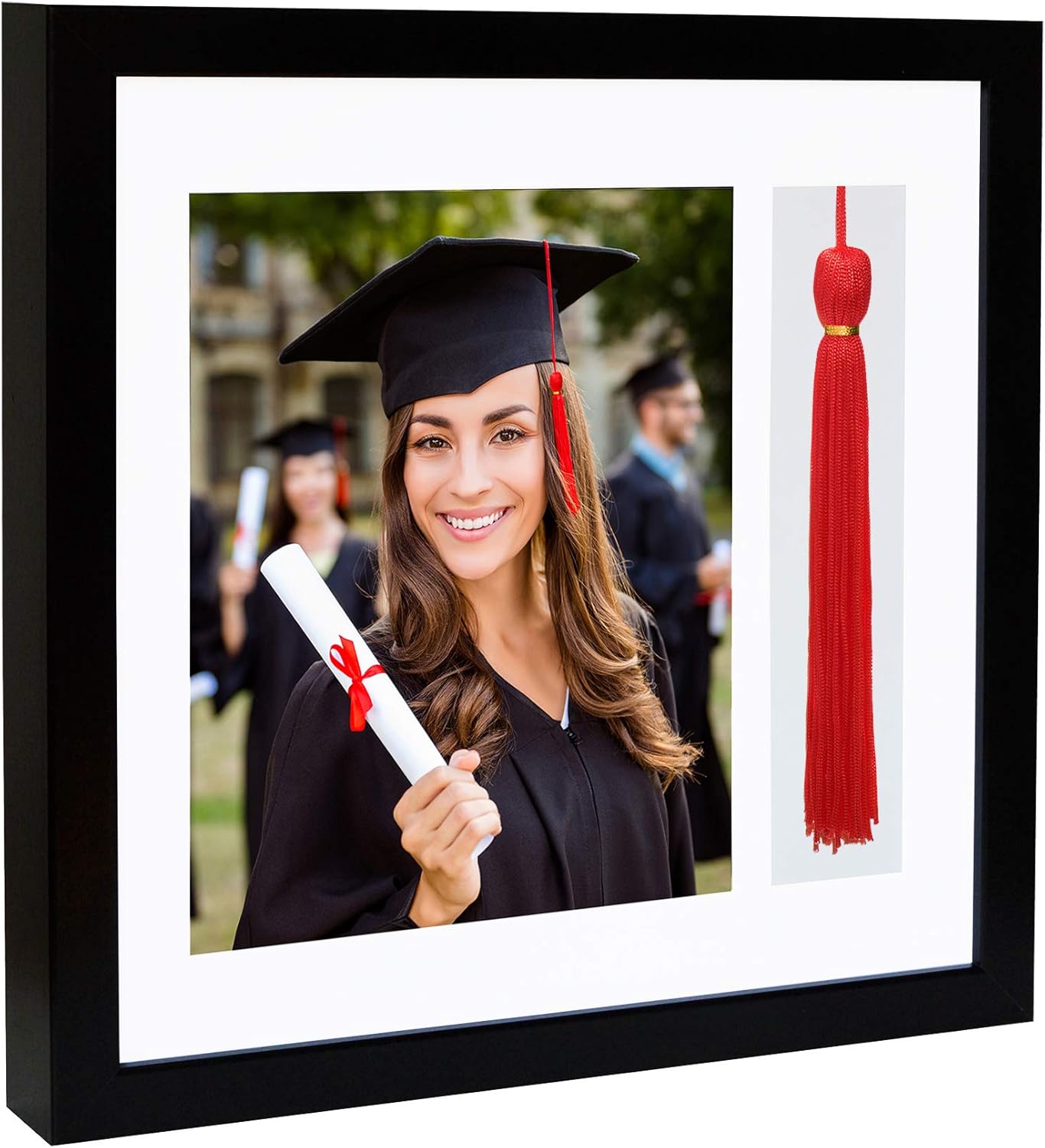 Americanflat 13x13 Graduation Frame - Shatter-Resistant Glass - Fits 8x10 Photo with Tassel Opening - Engineered Wood Diploma Frames with Tassel Holder for Wall Display - Black Square Frame