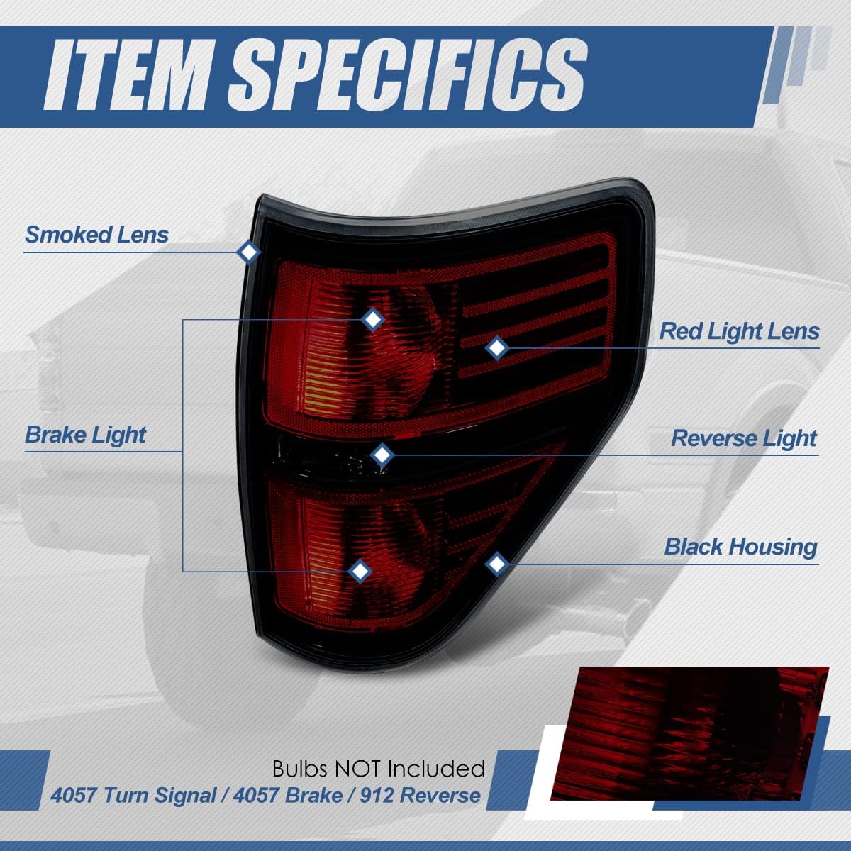 Auto Dynasty Tail Lights Compatible with 2009-2014 Ford F-150 Fleetside Bed Rear Brake Lamps, Driver and Passenger Side, Black Housing Smoked Lens