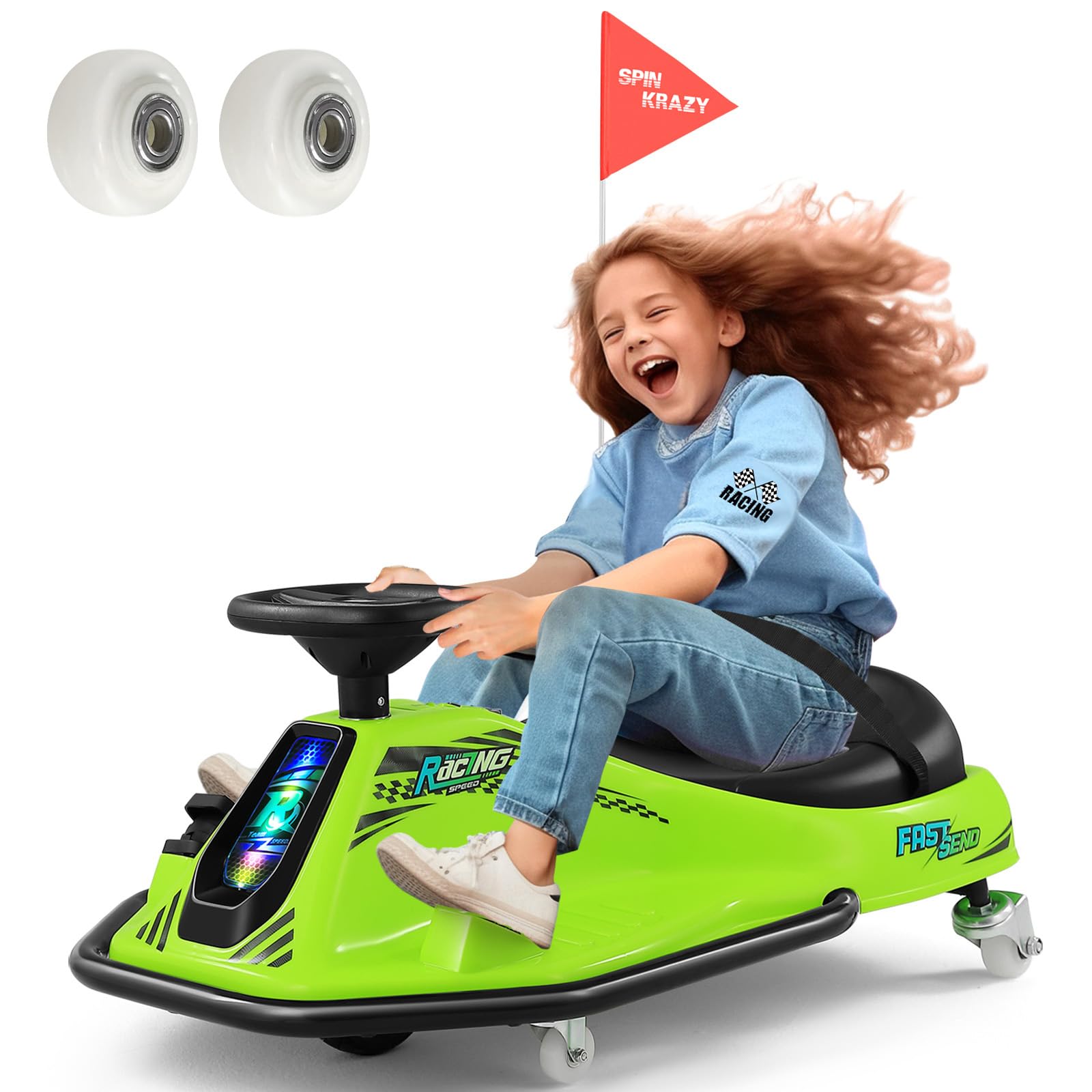 360 Degrees Rotating Ride On Drift Car, 24V Electric Drifting Go Kart for Kids W/24V Brushless Motor,Replacement Wheels, 3-7.5mph Speed, Flashing Lights, Flag, Music,Bluetooth,Green