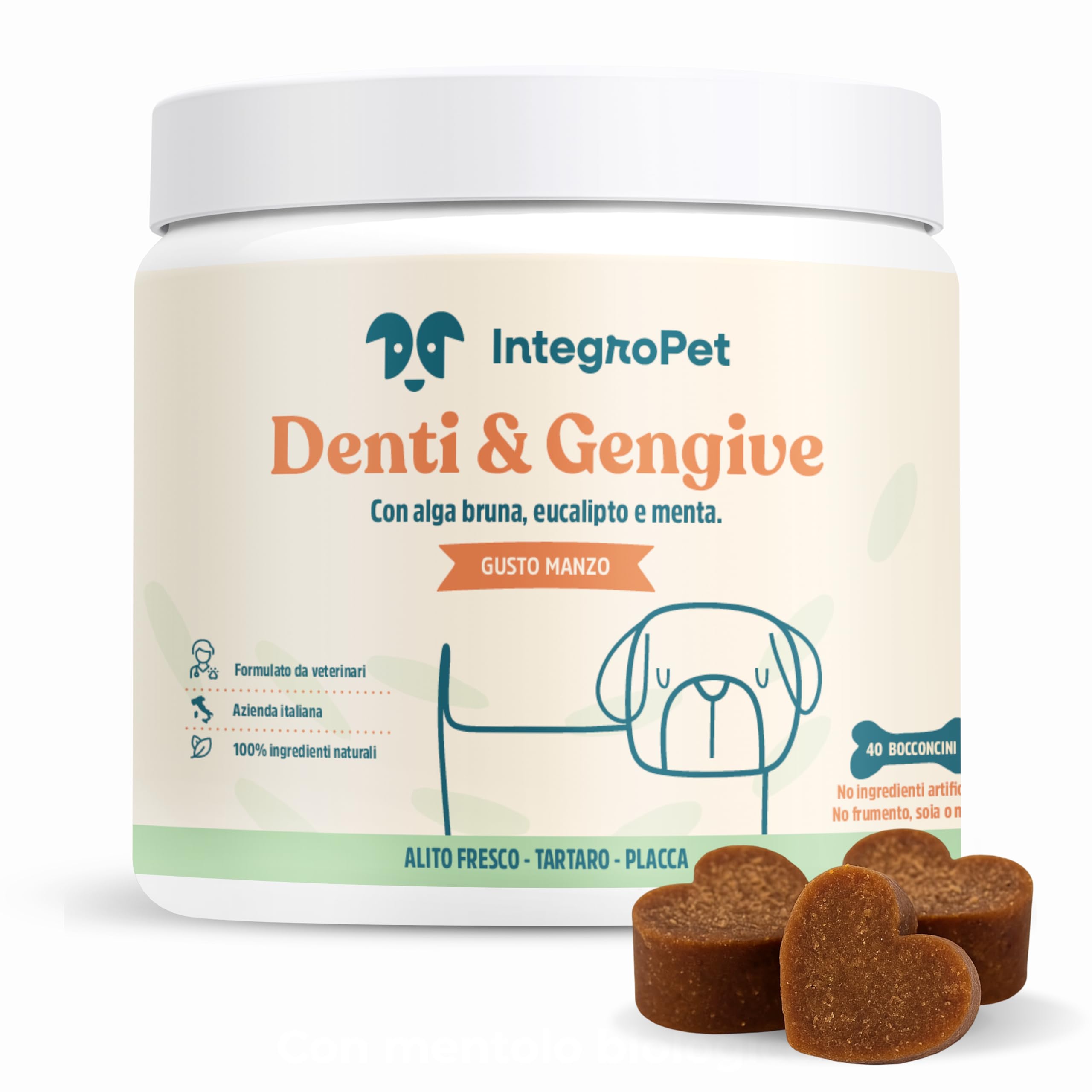 Integratore per Pulizia Denti e Gengive Cani Gusto Manzo - Igiene Orale Cane contro Placca, Tartaro e Alito Cattivo