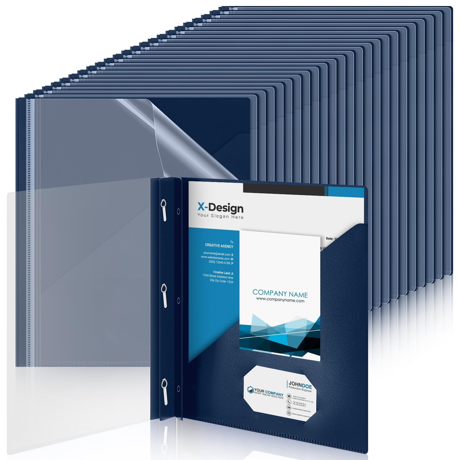Teling 48 Pcs Clear Front Report Covers with 3 Prongs, Plastic Dark Blue Presentation Folders Bulk with 3 Pockets for A4 and Letter Size Paper, 90
