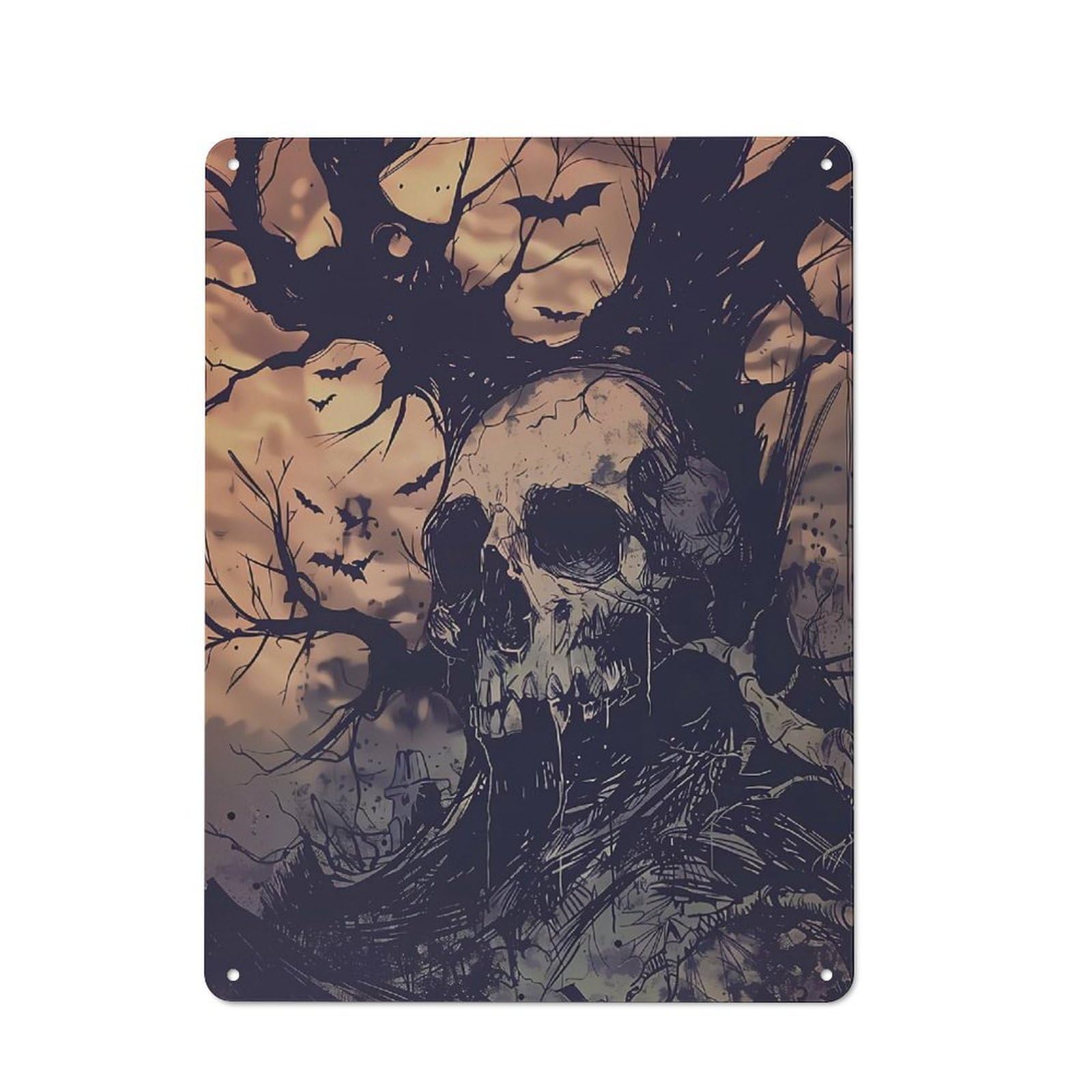 Tin Sign 40x30cm with Spooky Skull Halloween for Hallway Wall, Retro Decor, Suited to Hallway Decor Lovers