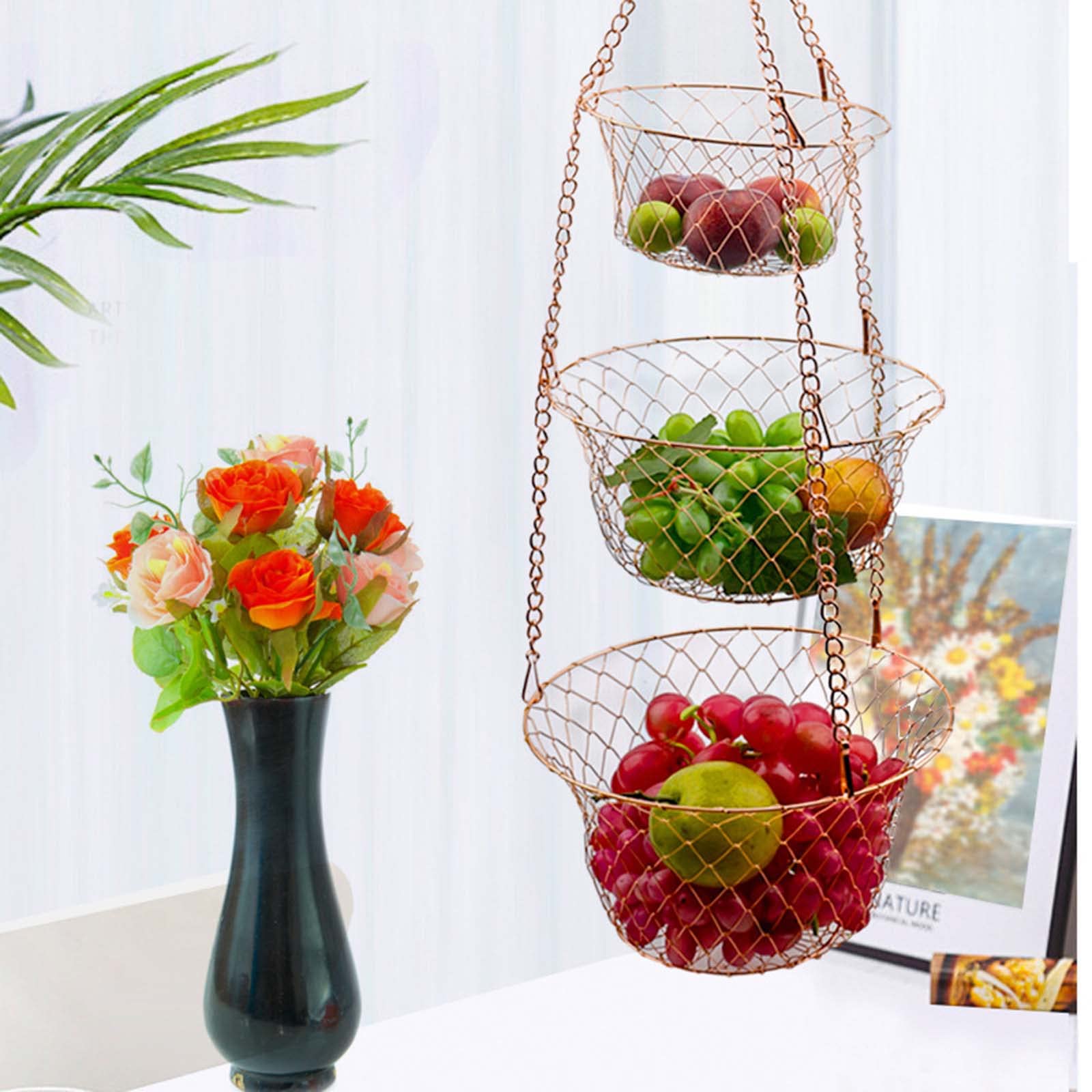 HUANIZI Metal Fruit Basket Anti Deformed Hanging Basket 3 Tiers Foldable Vegetable Organizer Kitchen Food Storage Basket Hanging Baskets for Organizing Heavy Duty Indoor
