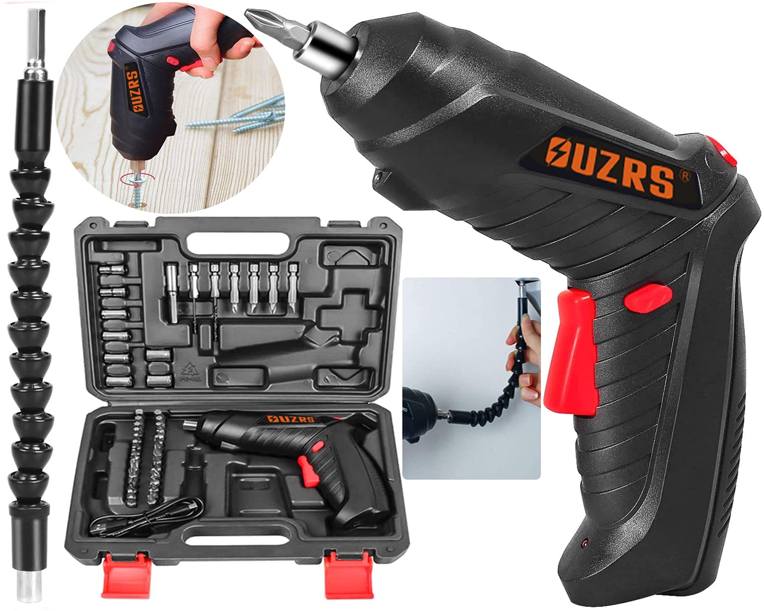 Electric Screwdriver, 3.6V 1300mAh Cordless Screwdriver Rechargeable with 44pcs Screwdriver Bit Set, Front LED Light, Flexible Shaft, Micro USB, Carrying Case, Easy for Small Home Projects