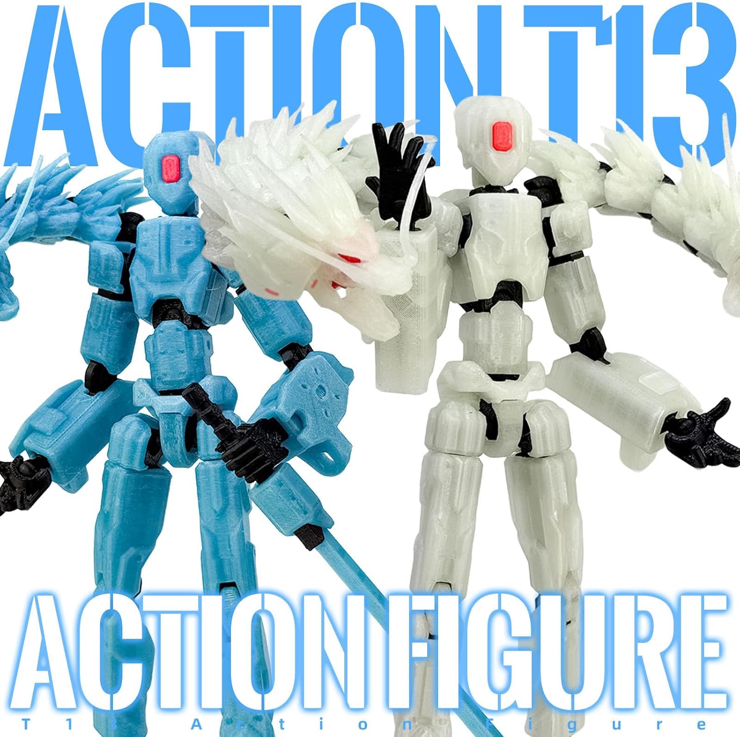 8inch T13 Assembly Completed Action Figure Set,T13 Multi-Jointed Movable There is a 3D Printed Dragon on his Body,for Collectors Desktop Decorations t-13 Movability 3D Printed Toys (White Hair Blue)