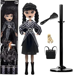 DANONI Addams Dolls,9" Addams Dolls Black Polka Dot Dress with Enhanced Hair,Wine Lips and Updated Black Shoes Perfect Christmas Birthday Gift for Kids,Girls and Fans (New-Stand)