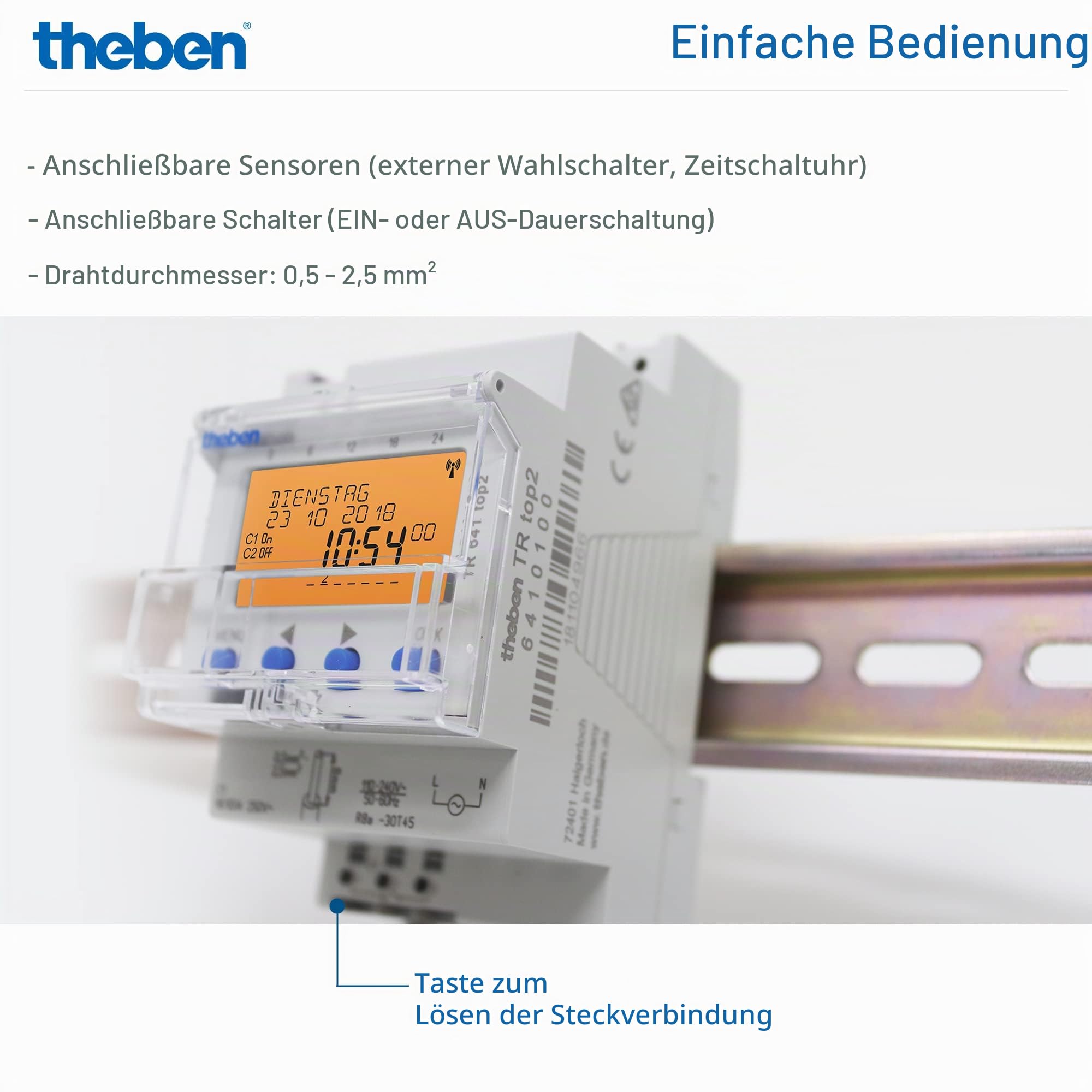 Theben 6410100 TR 641 top2 - Digitale 1-Kanal Zeitschaltuhr mit Jahres- und Astro-Programm, Zeitschalter