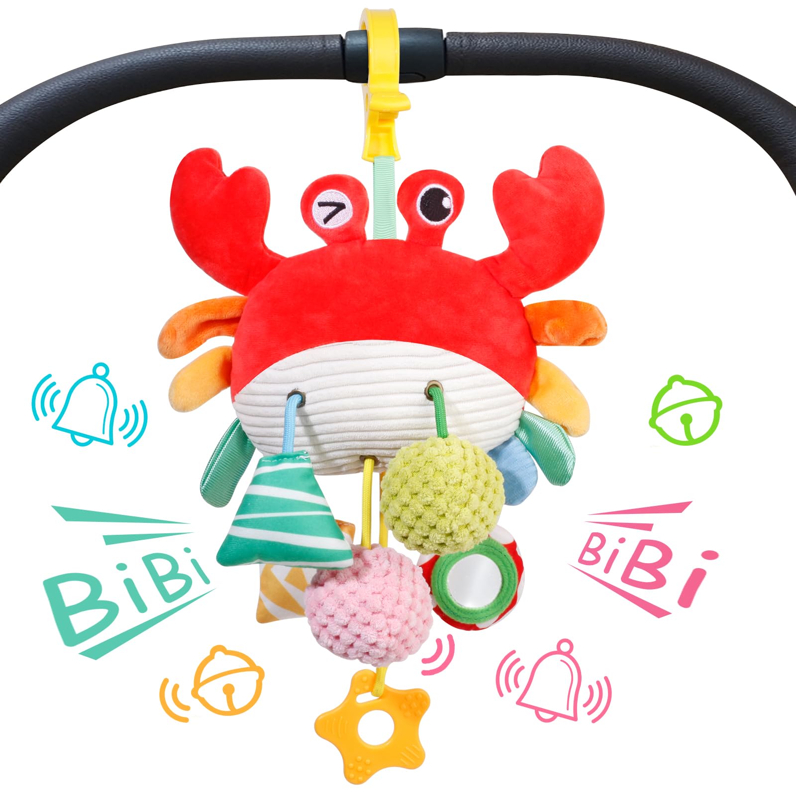 Juguetes para cochecito de bebé de 0 a 6 meses con forma de cangrejo, para niños y niñas, con espejo con pitido, campana pequeña, mordedor y pelota suave para bebés de 0 meses en adelante.