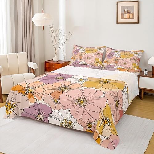 Miniatura 2 de Groovy - Juego de sábanas de flores con bolsillo profundo de los años 60S, 70S, 80S, flores hippie, rosa, morado, amarillo, retro, floral, bohemio,