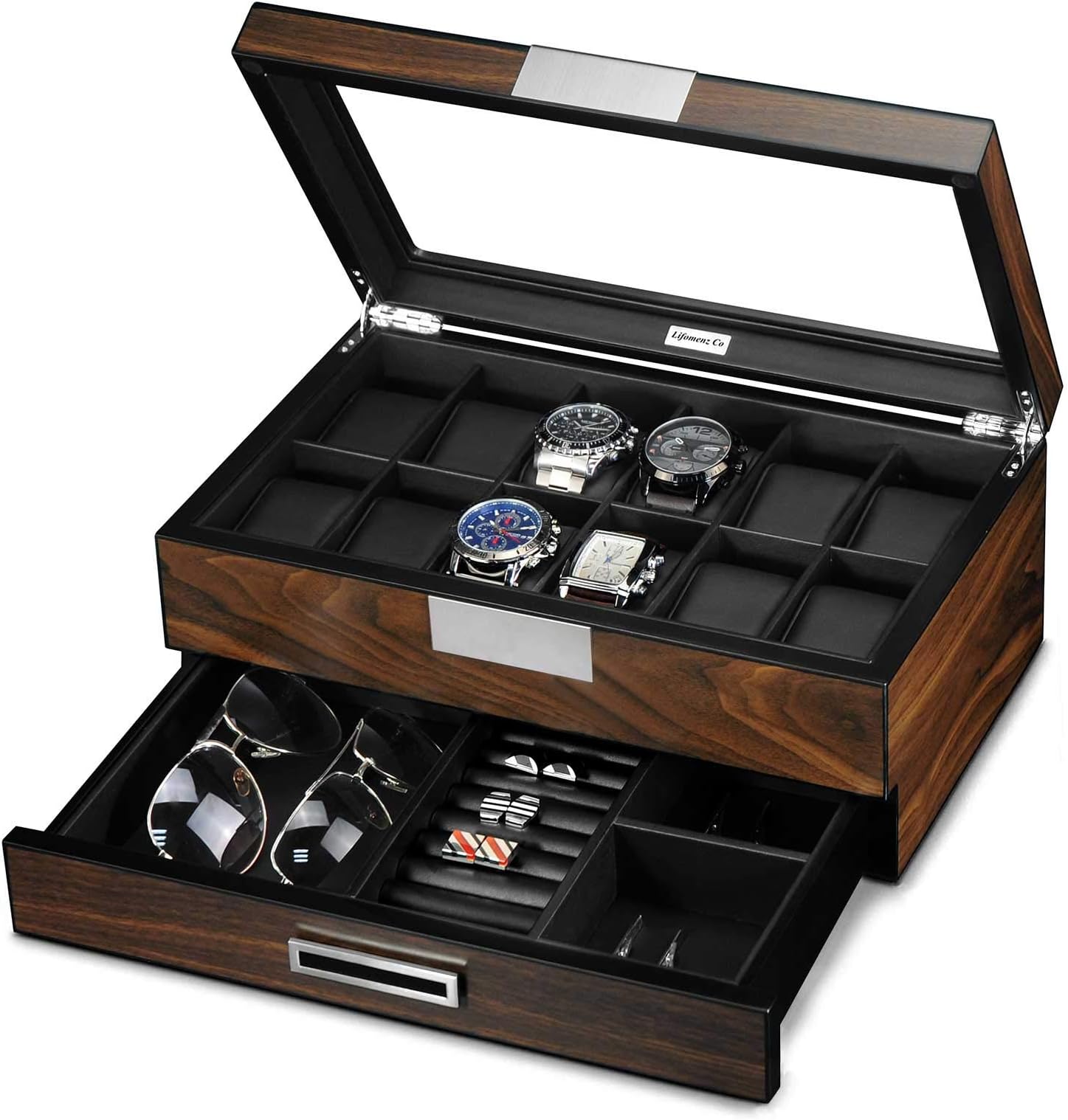 Lifomenz Co Watch Box for Men 12 Slot Wooden Watch Organizer - Premium Walnut Watch Display Case Storage with Valet Drawer, Real Glass Window & Luxury Leather Interior