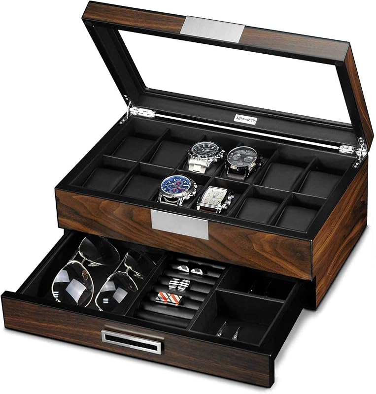 Lifomenz Co Men's Watch Box Organizer - 12 Slot Premium Walnut Wood Watch Display Case with Valet Drawer, Glass Window & Leather Interior