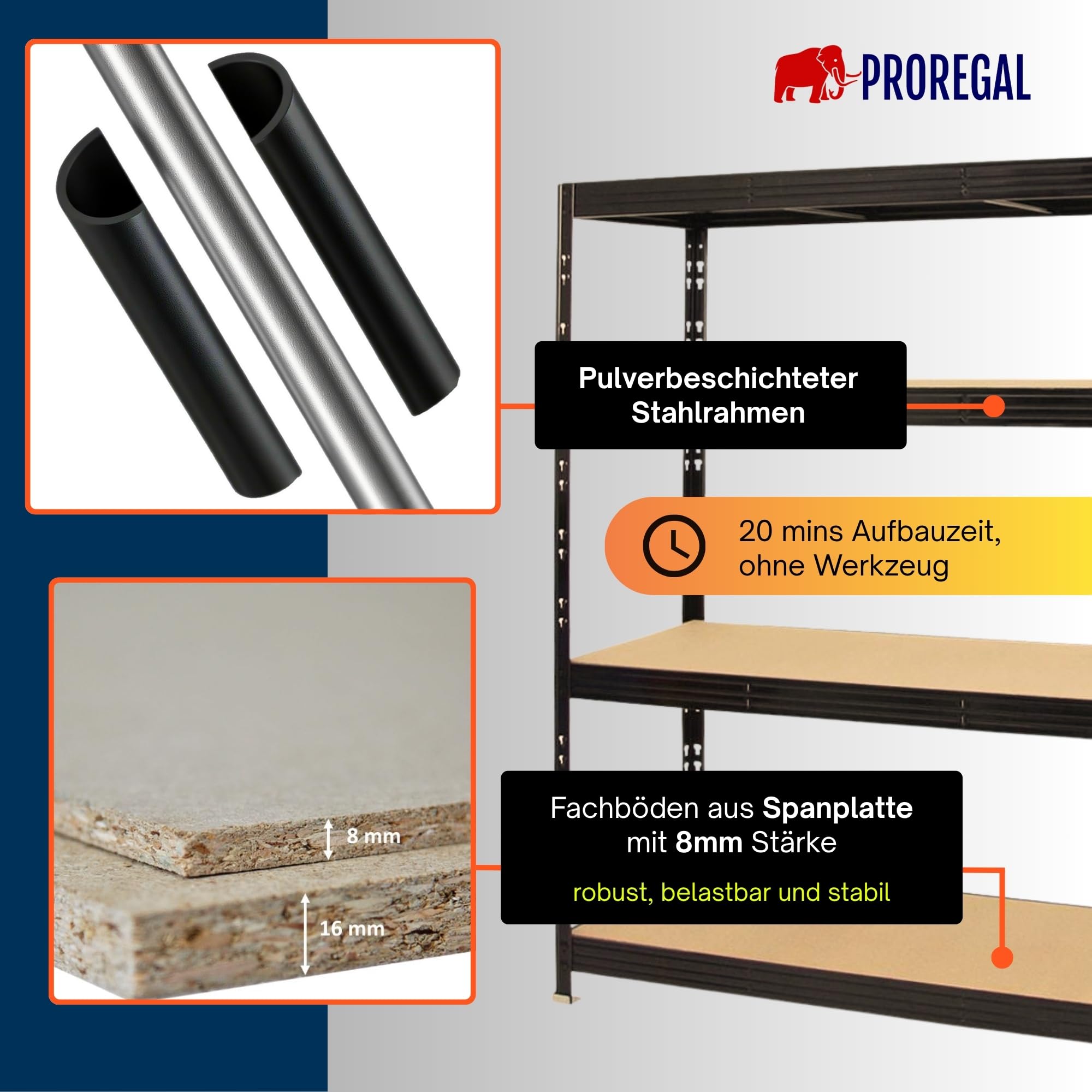 PROREGAL Scaffale professionale per carichi pesanti RHINO | AxLxP 180x200x60cm | 4 Ripiani in truciolato 8mm | Portata per ripiano 500kg | Nero