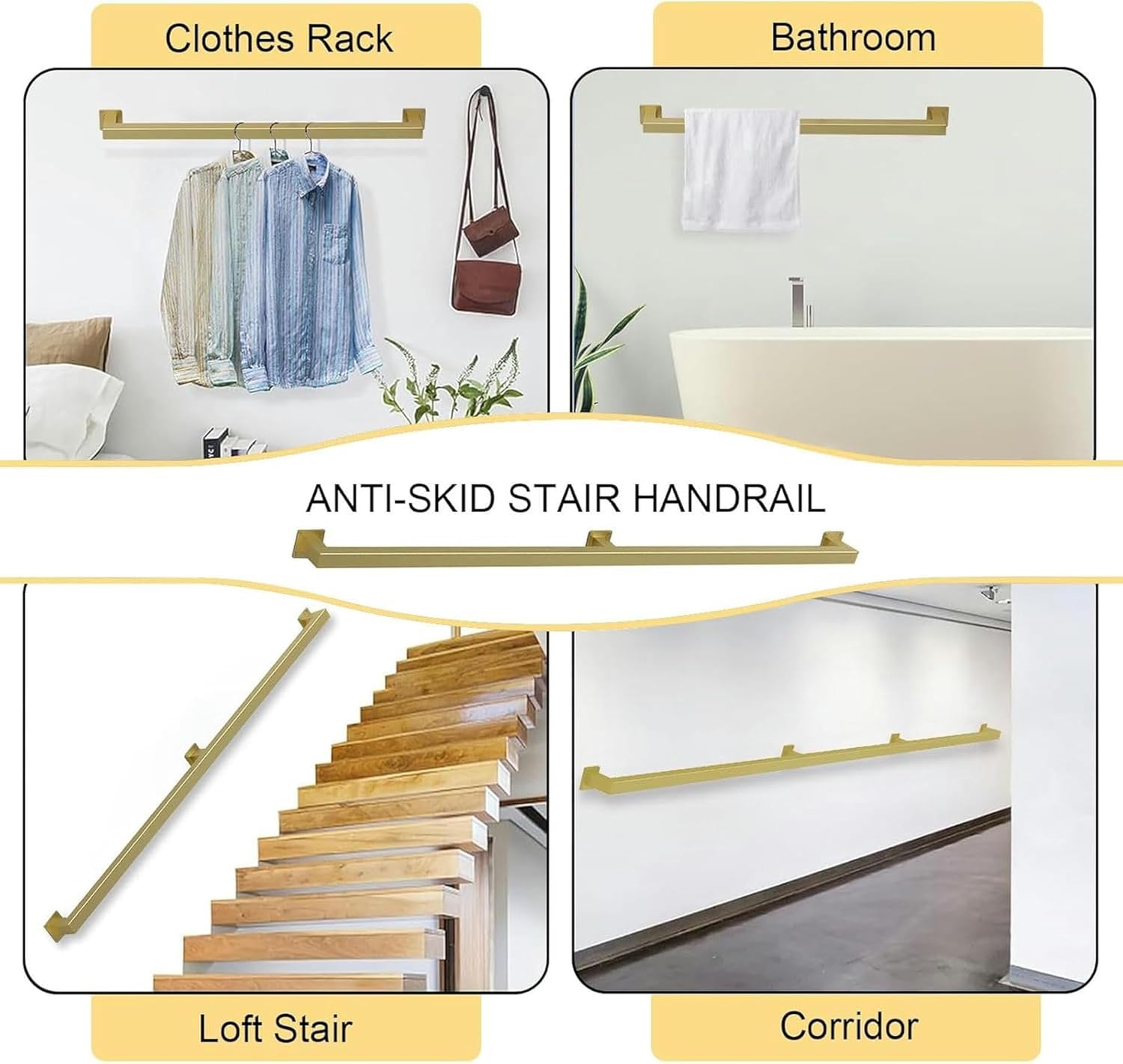 Gold Stair Handrail, 30cm-600cm Metal Staircase Handrails Galvanized Industrial Square Pipe Stair Railing with Wall Support Loft Corridor Grab Rail for Home Decoration