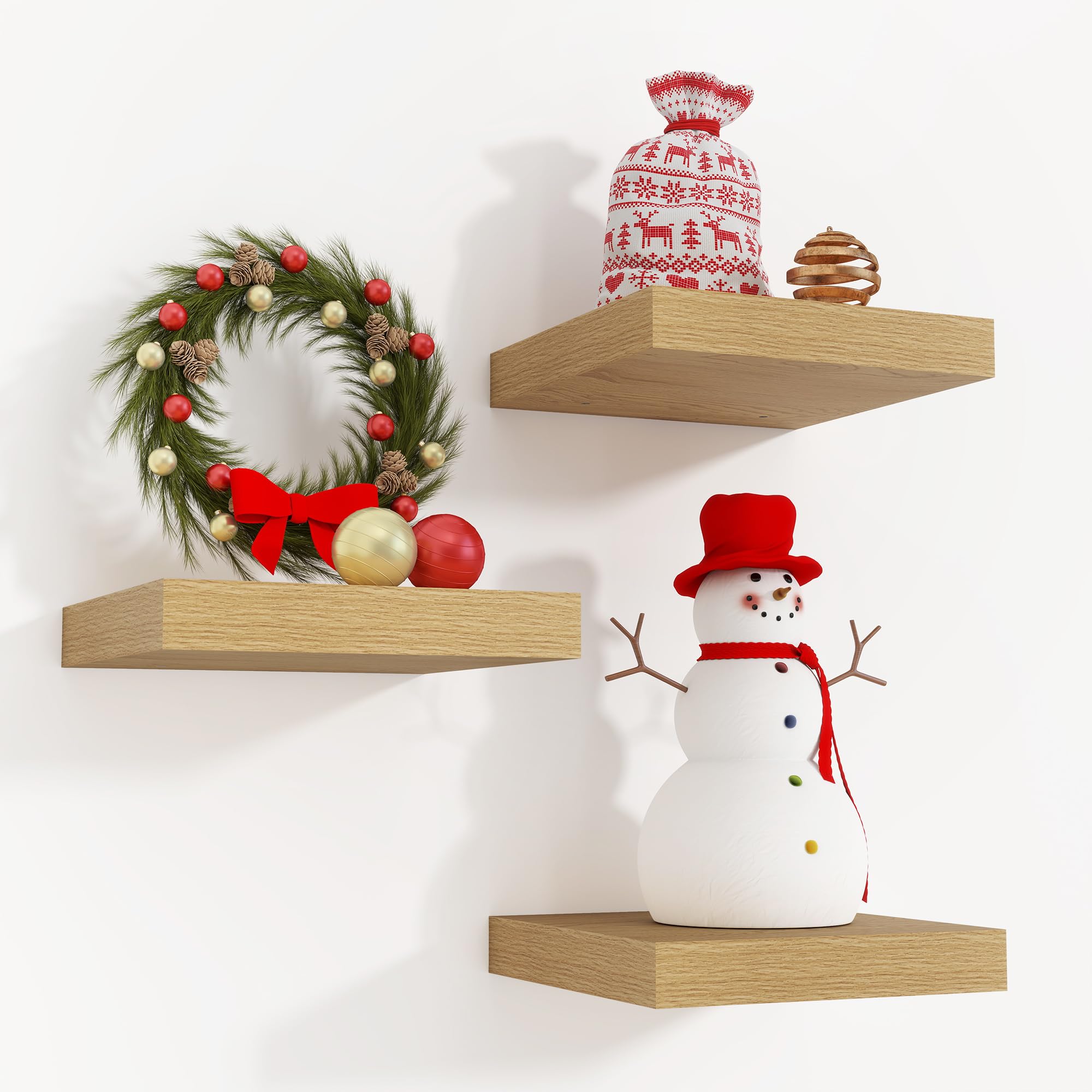 Square Floating Shelves for Wall 8"W x 8"D x 1.2"H, Small Engineered Wood Wall Shelves with Invisible Brackets for Living Room Bedroom Bathroom Office Kitchen Storage & Decor, Oak Finish, Set of 3