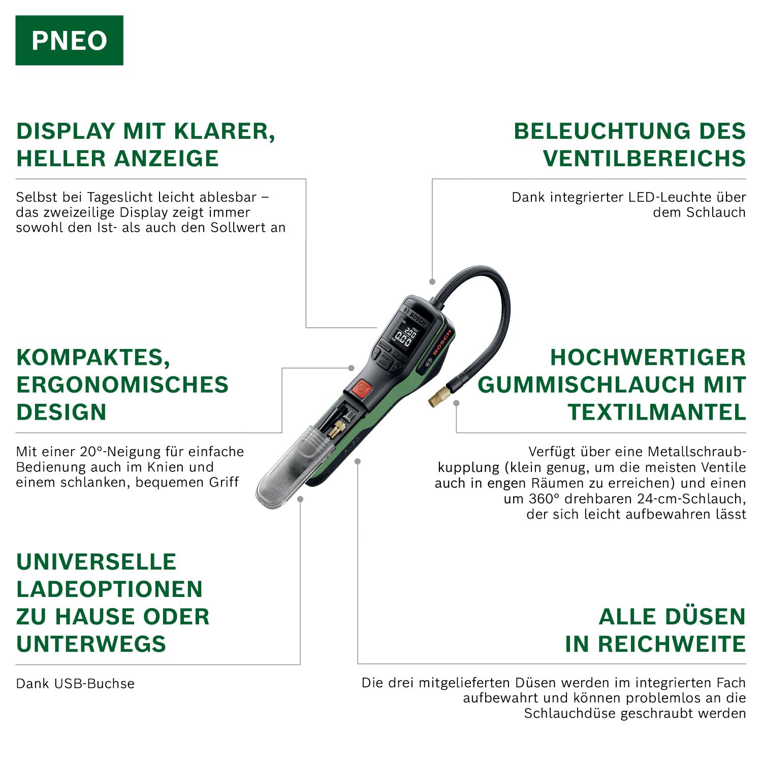 Bosch PNEO Akku-Fahrradpumpe/Luftpumpe/Mini-Kompressor (Compact Power BA 4V 3,0 Ah Akku, Quick Snap-Adapter, Ballnadeladapter, Presta-Ventiladapter, Ballonadapter, Stoffbeutel, Karton)