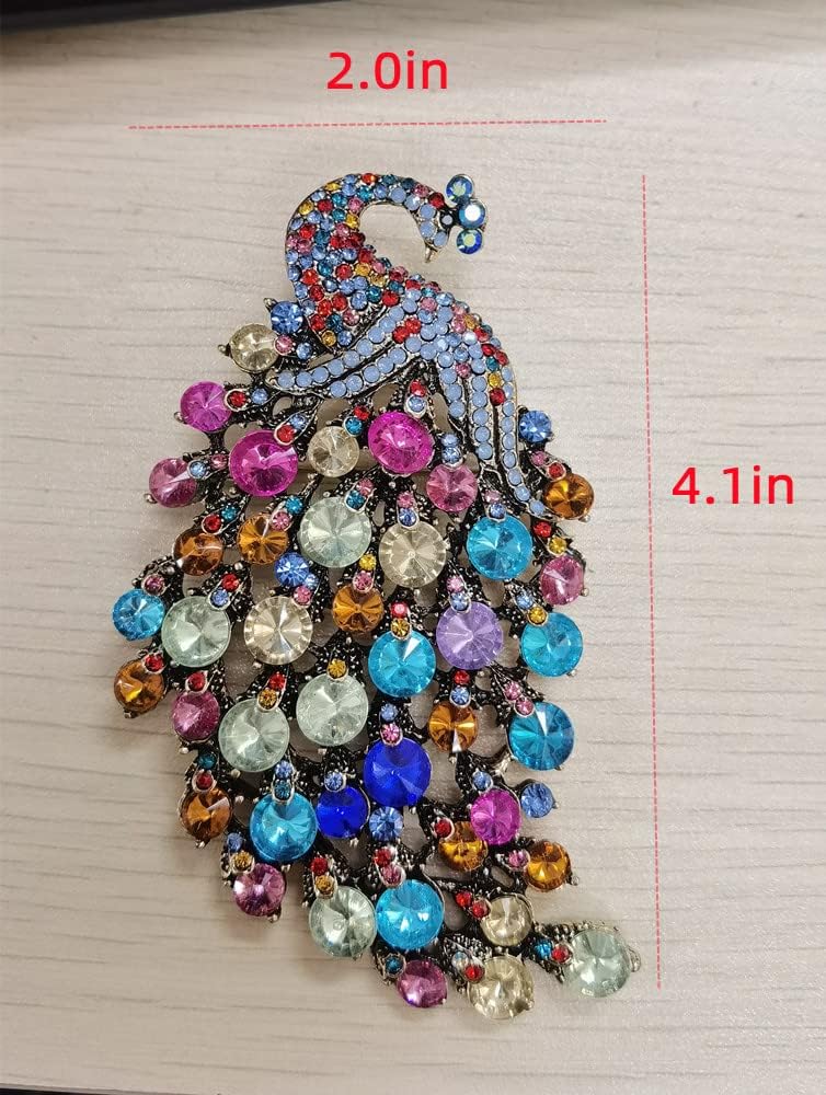 Rhinestone Peacock Brooch Pin for Women Girls Fashion Exquisite Exaggerated Big Crystal Bird Animal Brooches Lapel Pins Elegant Dress Accessories Wedding Christmas Birthday Jewelry Gift