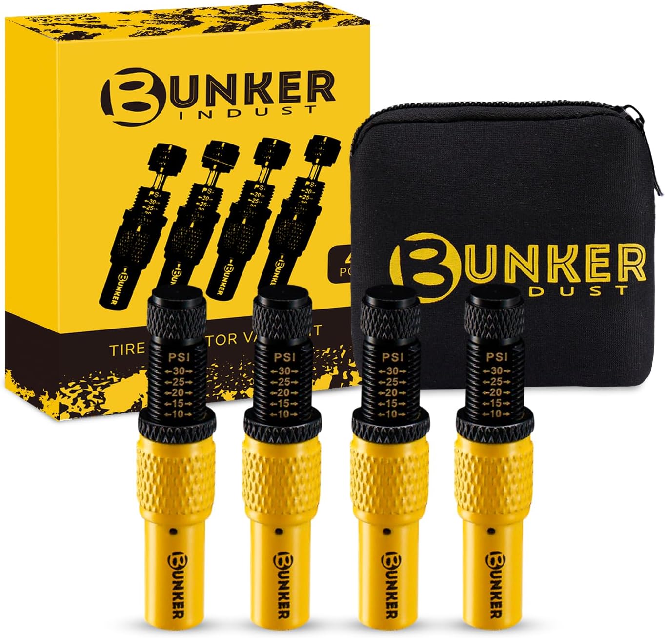 BUNKER INDUST Adjustable Auto-Stop Tire Deflator Valve Kit (10-30 PSI),4 PCS Tire Air Down Tool Offroad 4x4 Accessories with Storage Pouch, Rotate Detach, Scales Precise, for Car Trucks RVs UTVs