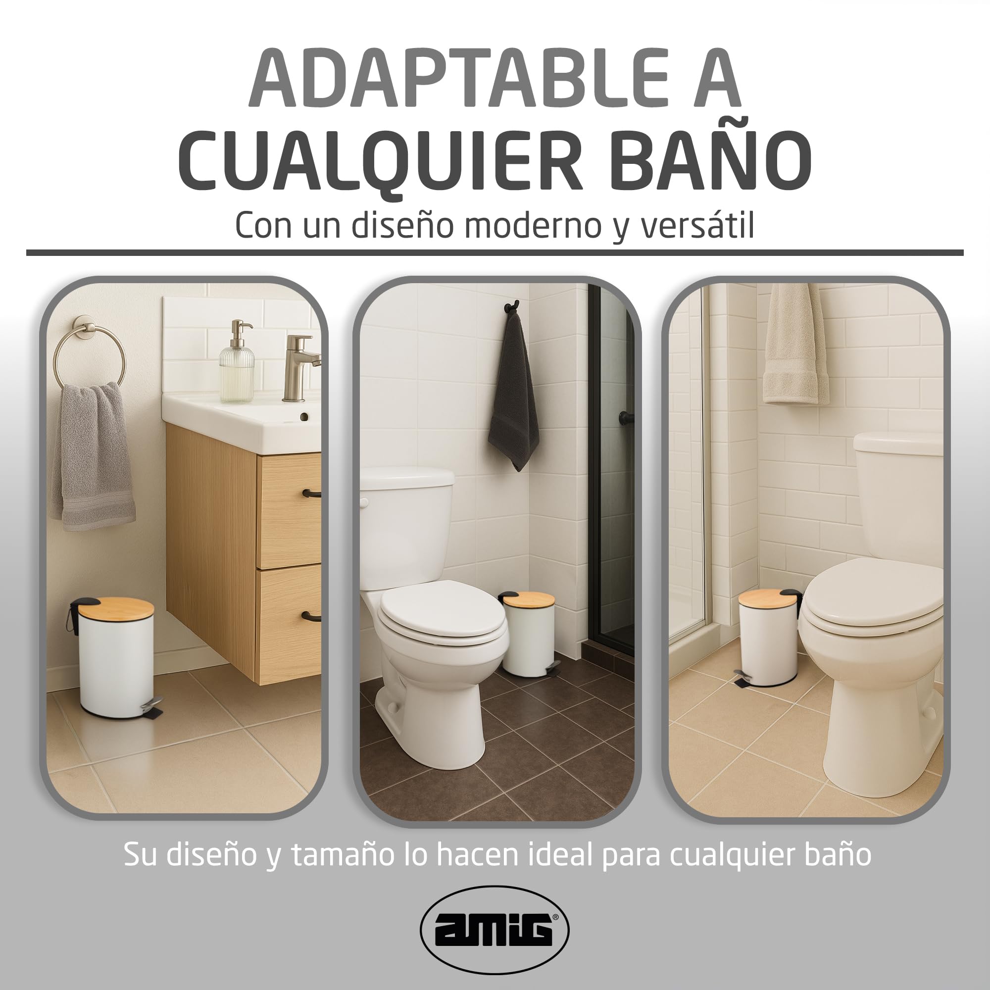 Amig - Cubo de Basura para Baño con Pedal 3 Litros Mod. Naturline - Color Blanco y Bambú - Apertura Higiénica sin Manos - Ø16,8 x 23 cm - Acero Inoxidable Lacado - Papelera Redonda con Tapa Hermética