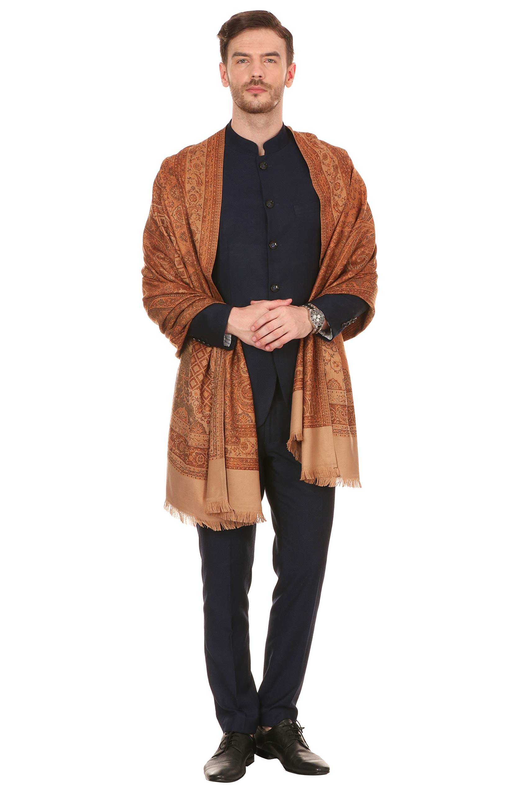 Pashtush Mens fine Soft Ethnic wool blended Stole, Jamawar design, Faux Pashmina (Natural Beige) 4