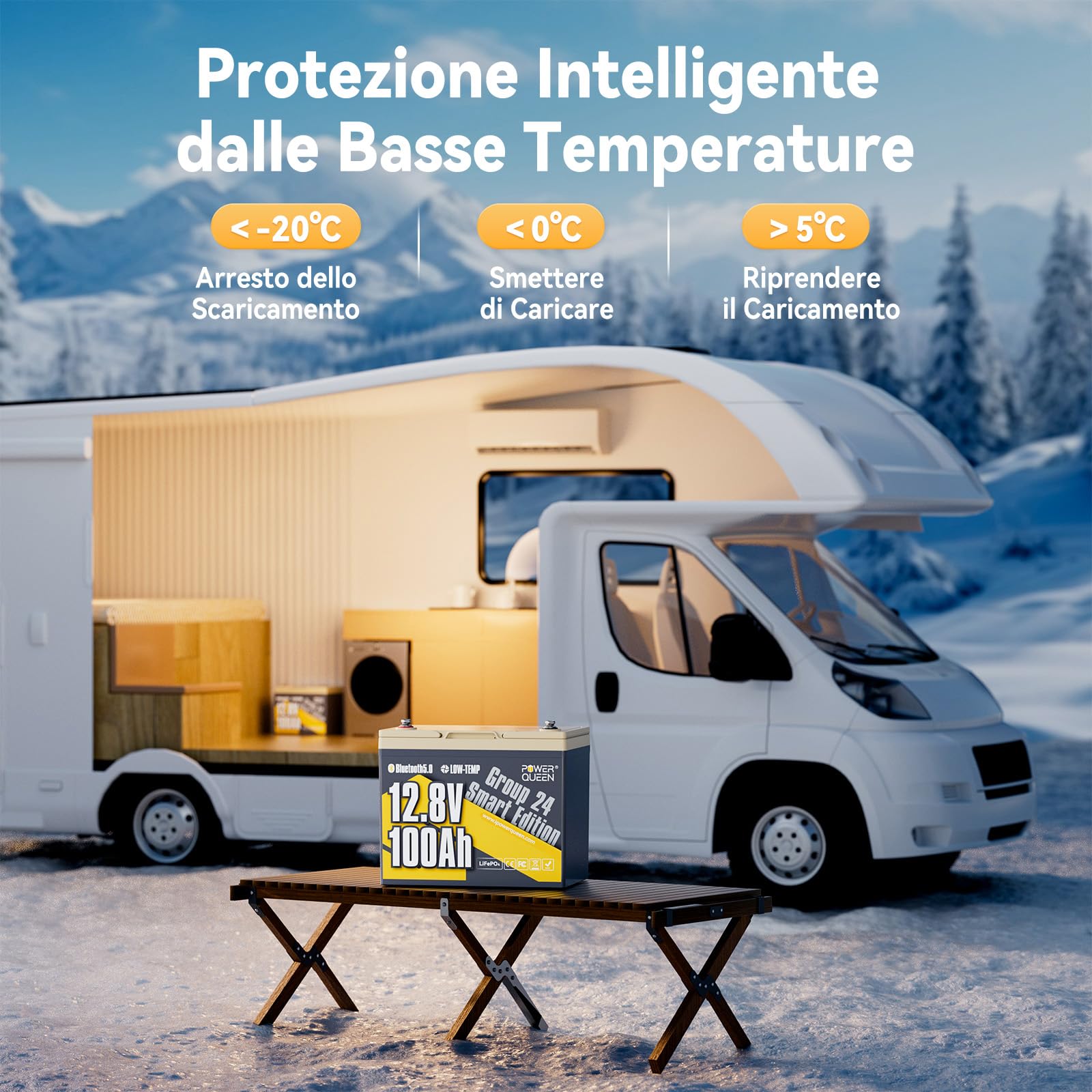 Power Queen Batteria al litio 12V 100Ah con Bluetooth, Dimensione G24 | Con BMS 100A e protezione basse temp., fino a 15.000 cicli. Perfetta per Camper, Campeggio, Motori Pesca e Solare, 2pack