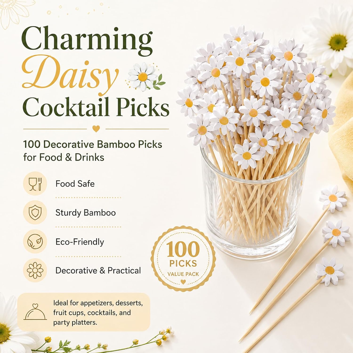 100 PCS Daisy Fruit Skewers, Cute Toothpicks Floral Cocktail Picks 5 Inch