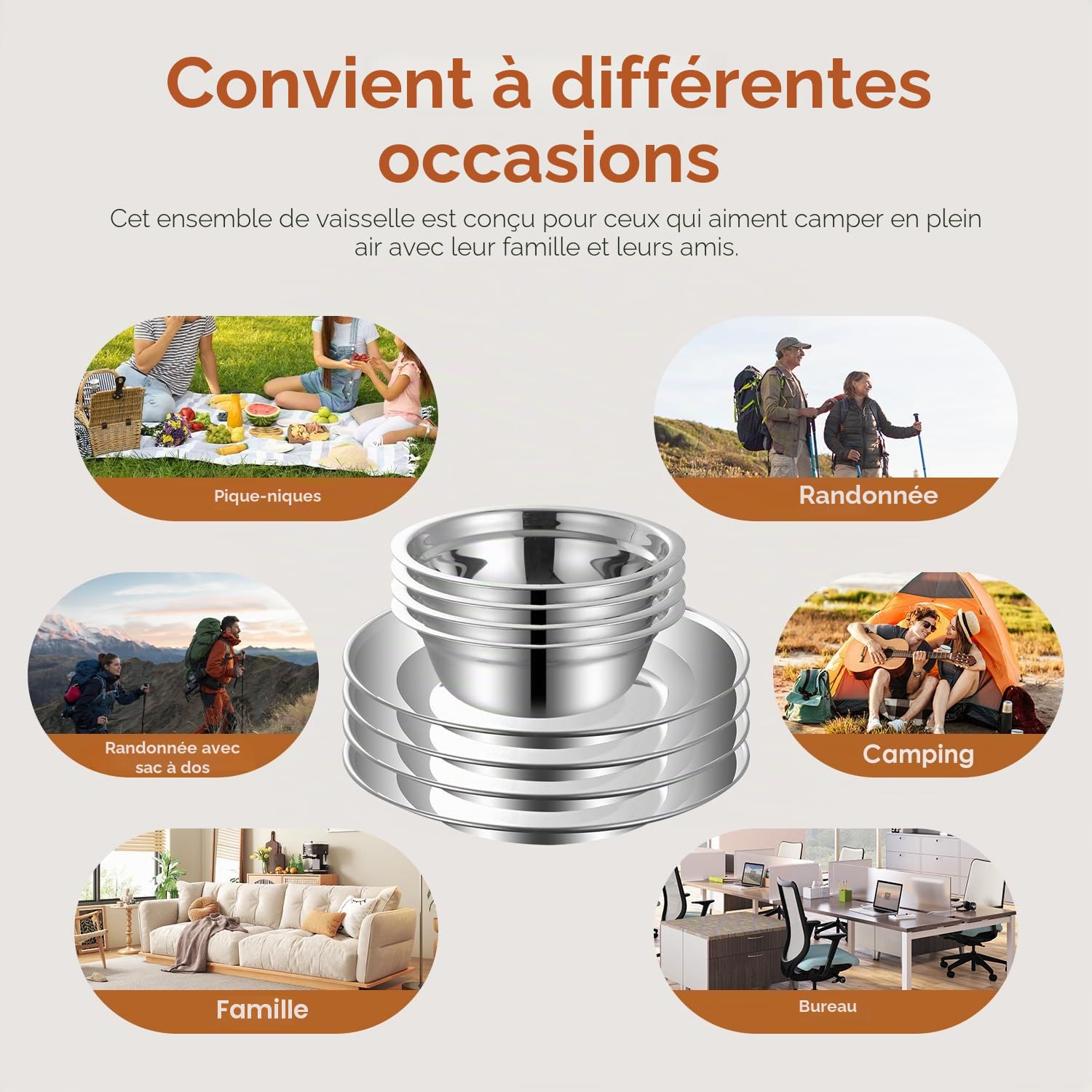 Tissting 24 Pièces Lot de Ustensiles de Cuisine de Camping pour 4 Personnes, Kit Cuisine de Camping, Vaisselle de Camping en Acier Inoxydable avec Assiettes, Tasses, Cuillères, Fourchettes Couteaux