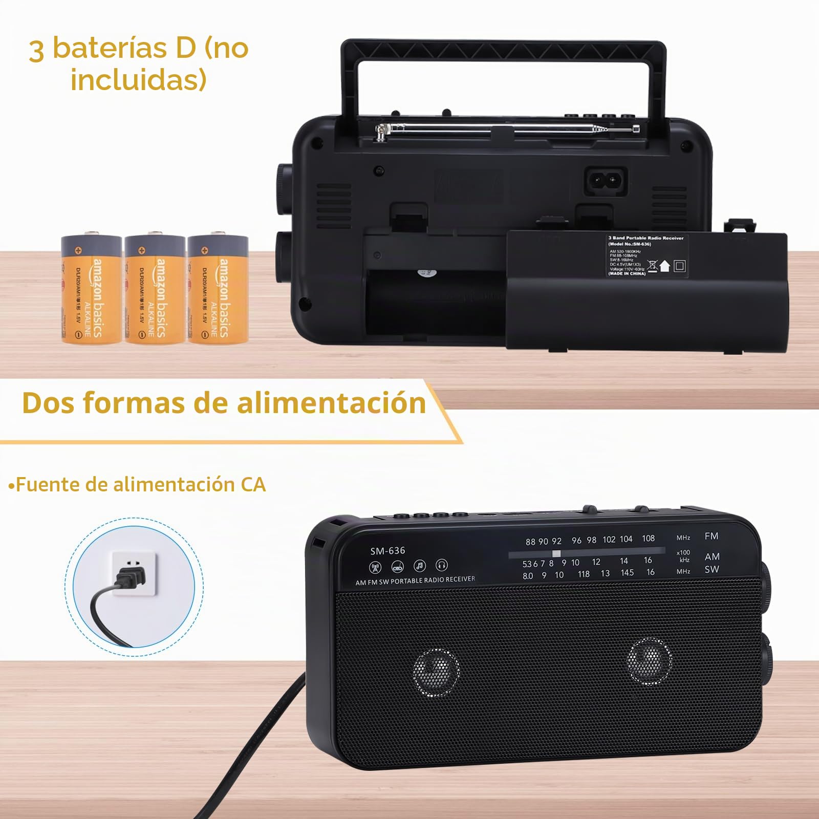 SEMIER - Radio portátil Am FM de Onda Corta con Altavoz Bluetooth, 3X Pilas D o Radio de Transistor de Potencia de CA con Dos Altavoces de 6 vatios, Compatible con USB AUX y Reproductor de MP3 de