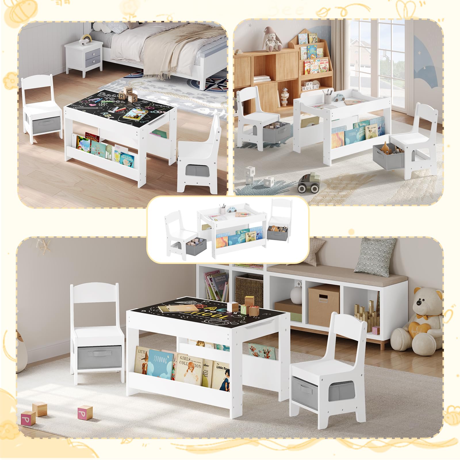 Lestarain Juego de Mesa y Sillas Infantiles, Mesa con Pizarra y 2 Sillas para Niños de Caja Almacenaje, Encimera Reversible, Mueble Infantil para Guardería y Habitación Infantil, Blanco