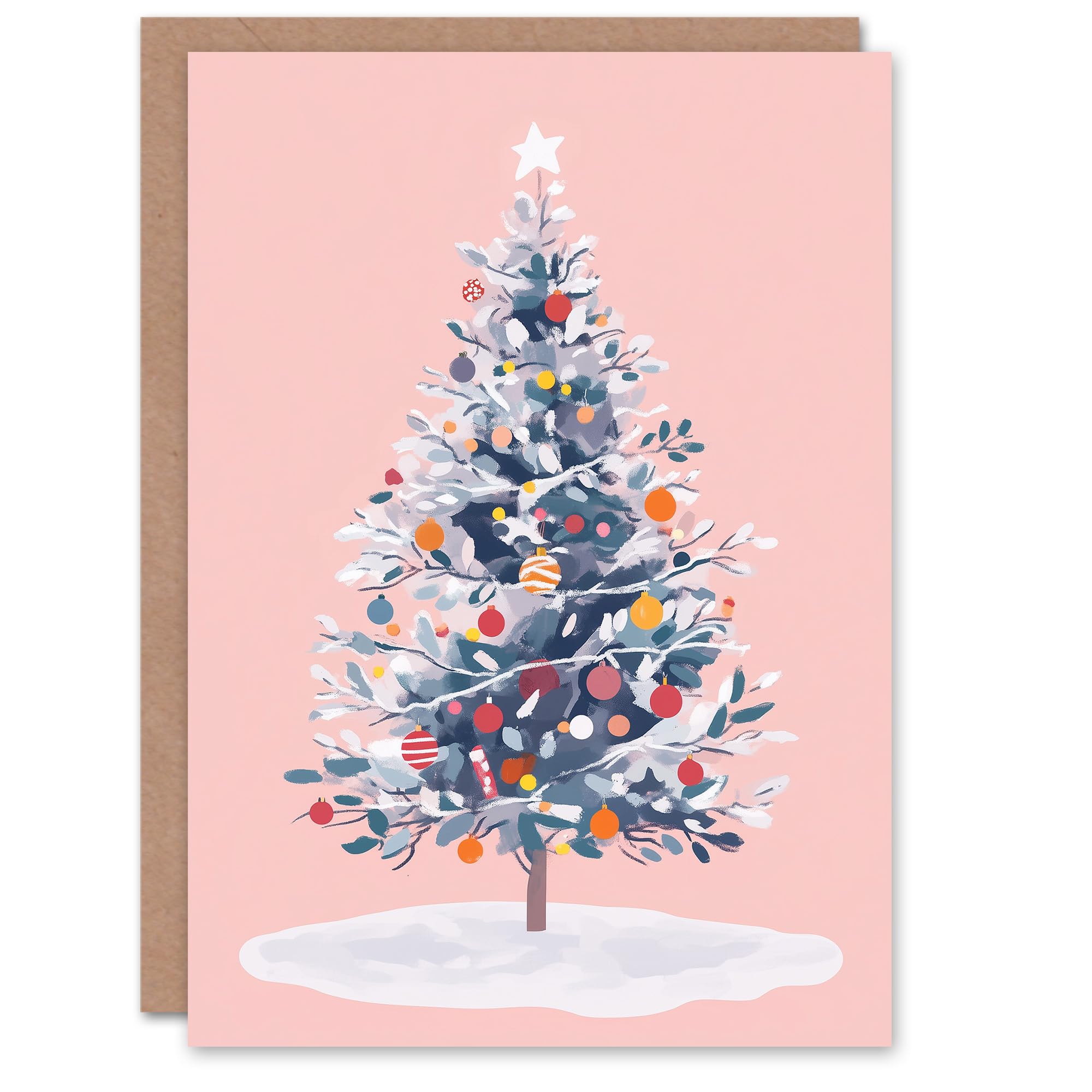 Wee Blue Coo Greeting Card Snow Laden Decorated Tree on Pastel Pink Blank For Him Or Her Art Xmas Christmas Card