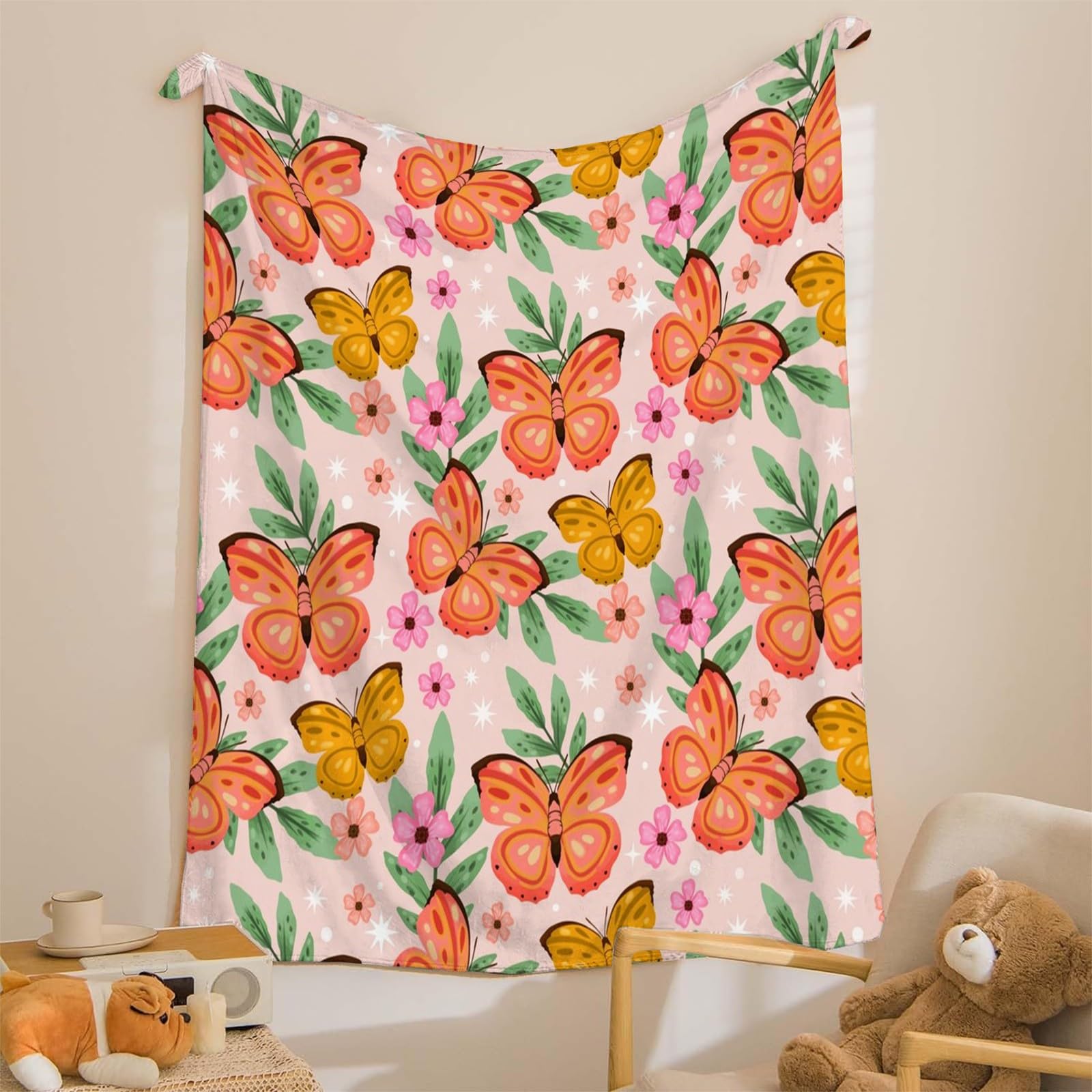 Generisch Puszysty koc z motywem motyla, 200 x 200 cm, miękki i dwustronny koc polarowy, idealny koc na sofę dla wszystkich, przytulny koc na sofę i łóżko mg1451