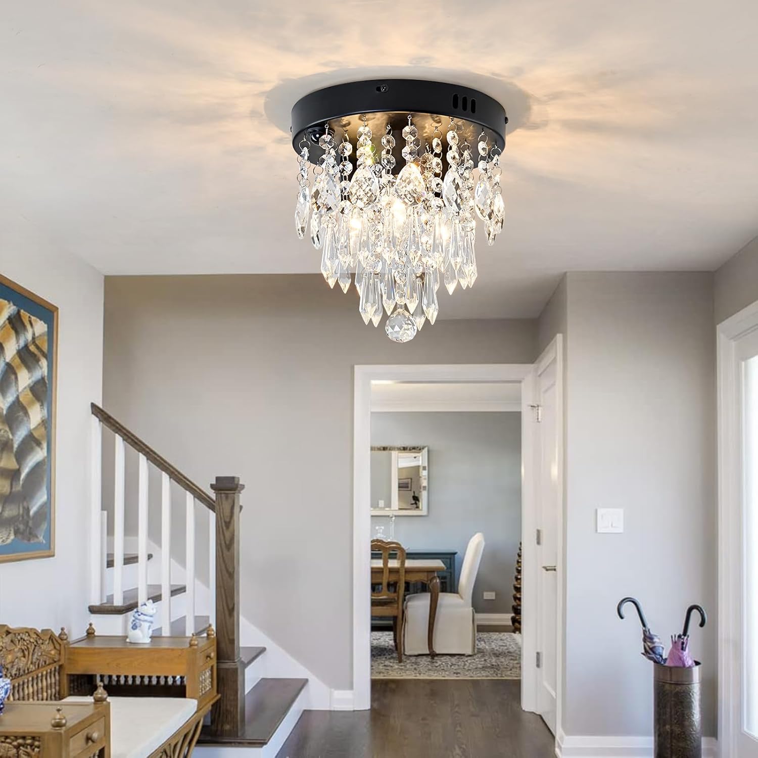 YYJLX Indoor Motion Sensor Ceiling Light Modern Crystal Chandelier Black Mini Flush Mount Light Fixture for Hallway Closet Porch Hall Front,3 Light E12.
