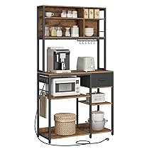 VASAGLE Scaffale Cucina con Multipresa, Mobile Cucina, 40 x 100 x 180,4 cm, Scaffale per Microonde, Ripiani Regolabili, Cassetto in Tessuto, 12 Ganci, Marrone Vintage e Nero Inchiostro KKS027K02