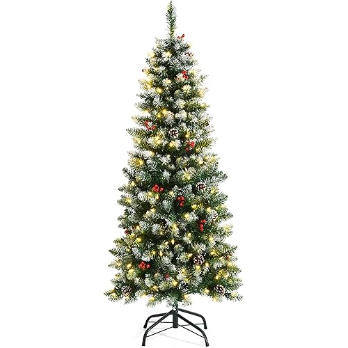 Goplus 5ft Pre-lit Pencil Christmas Tree, Snow Flocked Artificial Hinged Xmas Tree w/Metal Base, 408 Tips, 250 Lights, Pine Cones & Red Berries, Holiday Decoration for Indoor, Home, Office, Shop