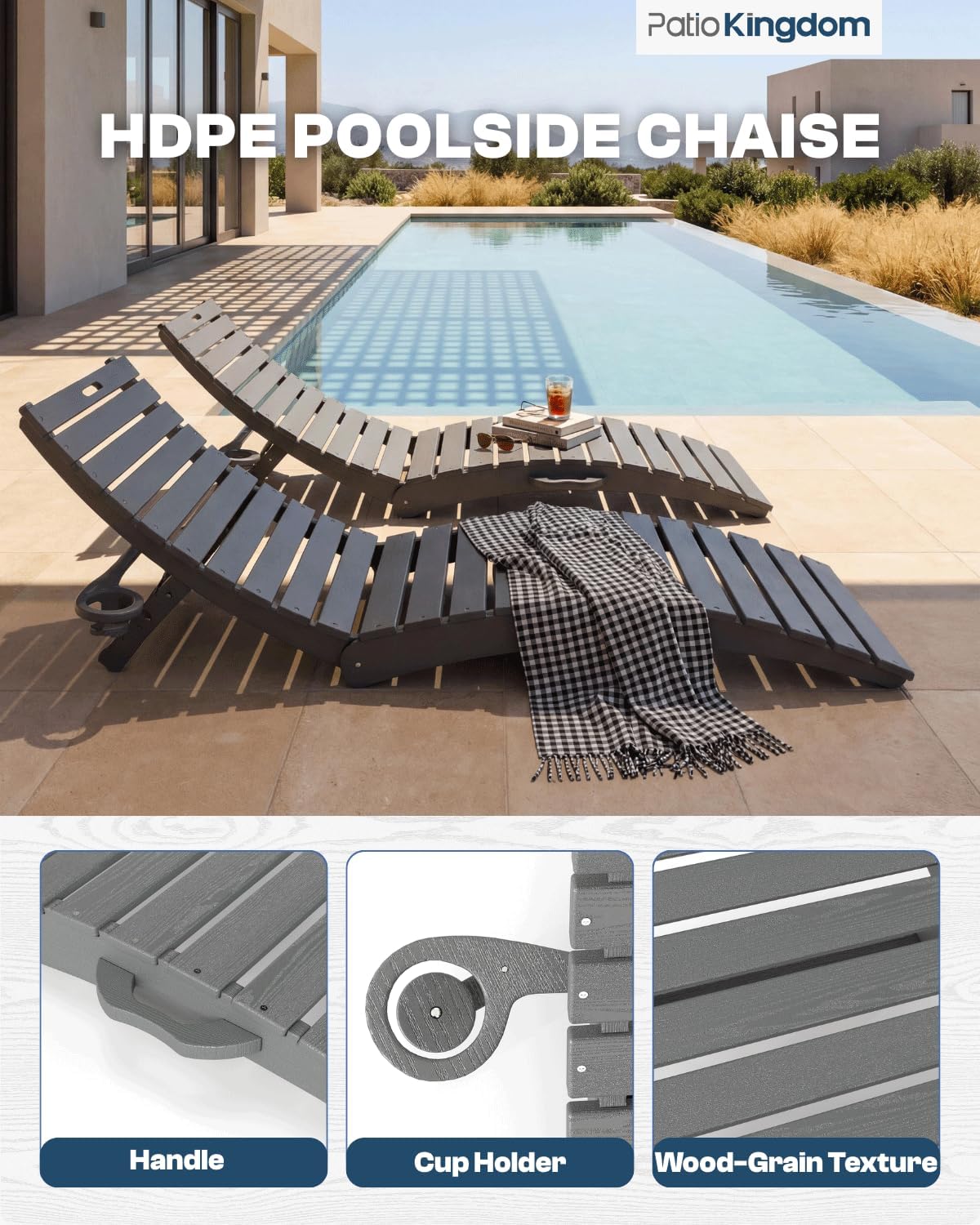 in-Pool Lounge Chairs Set of 2, Folding HDPE Pool Chairs Anti-Floating No Sandbags with Cup Holder & Handles, Outdoor Chaise Lounge for Poolside, Patio & Sun Deck(Grey)