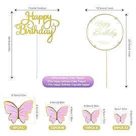 60Pcs Butterfly Cupcake Topper Pink Gold, Lively 3D Butterflies with 2Pcs Happy Birthday Topper for Cake Decor Birthday Anniversary Kids Wedding Girl Women Party Wall Food Decorations,Mixed Size