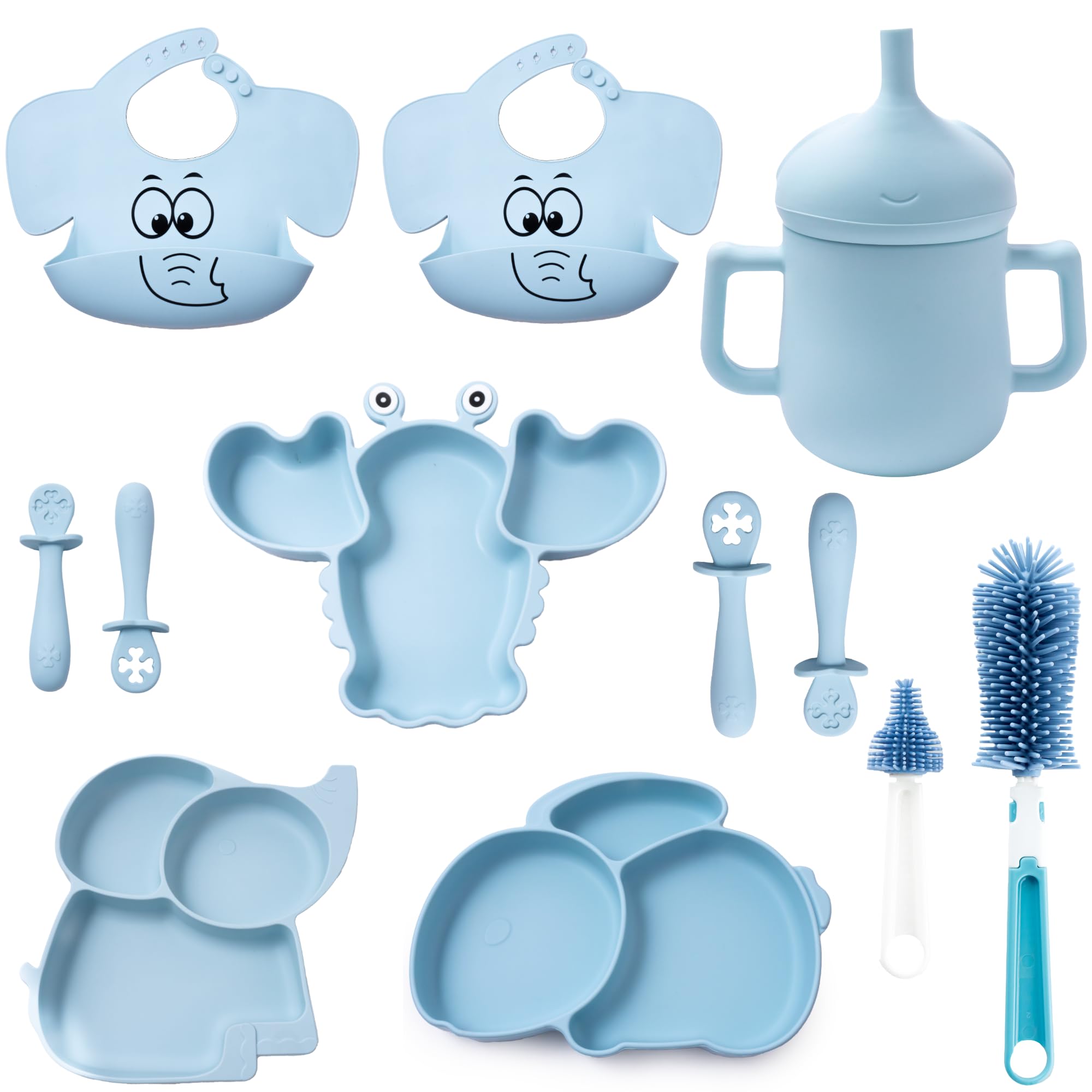 Vaisselle en silicone pour bébé | Assiettes avec ventouse | Gobelet d'apprentissage anti-déversement | Cuillères d'apprentissage BLW | Bavoirs en silicone réglables | Brosses de nettoyage pour