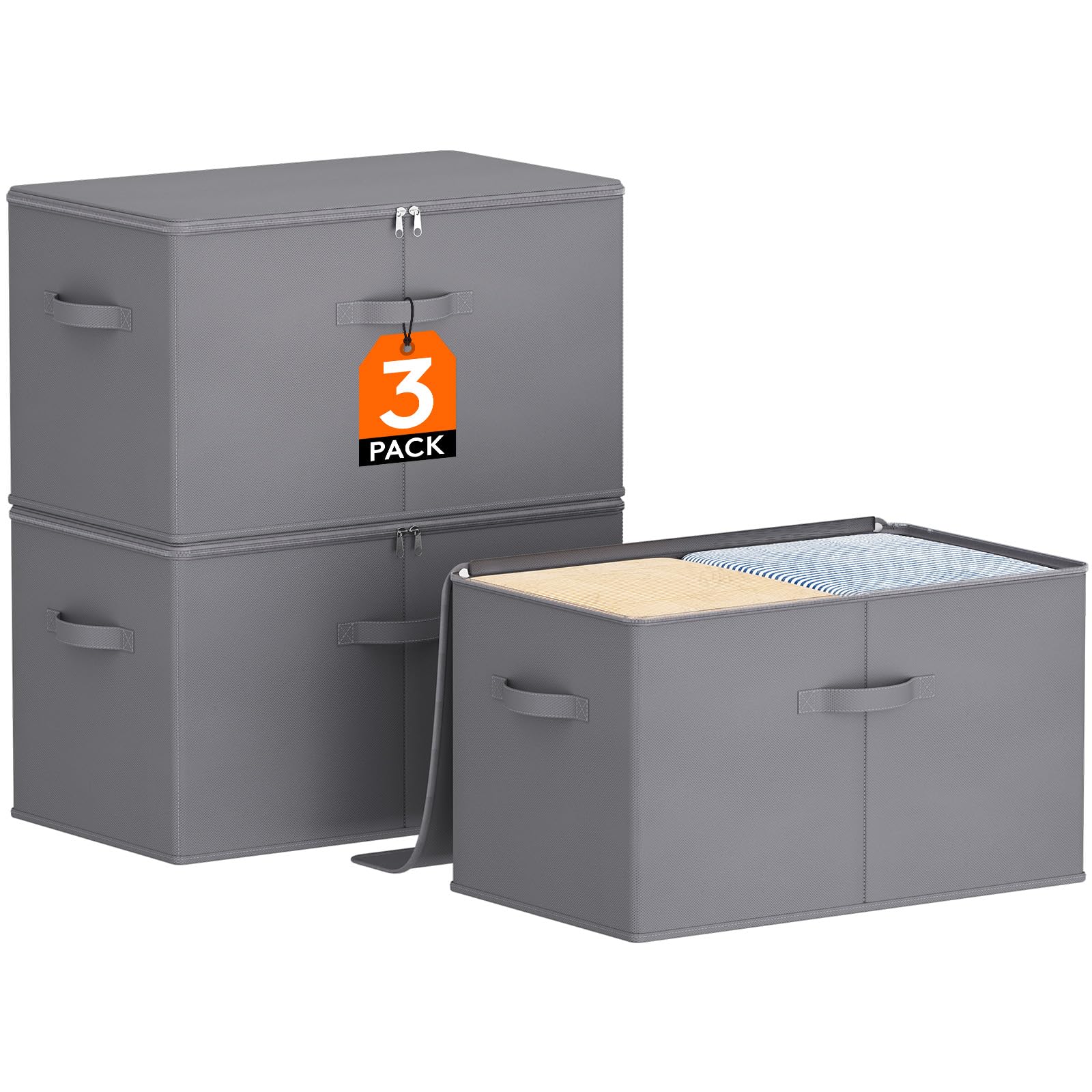 Lifewit 60L Cajas Almacenaje con Tapas, Juego de 3 Caixas Arrumação para Organizador Ropa y Juguetes, Cesto Almacenamiento Plegable de Tela no Tejida para Baño/Cajones/Armario, 56x33x32 cm, Gris