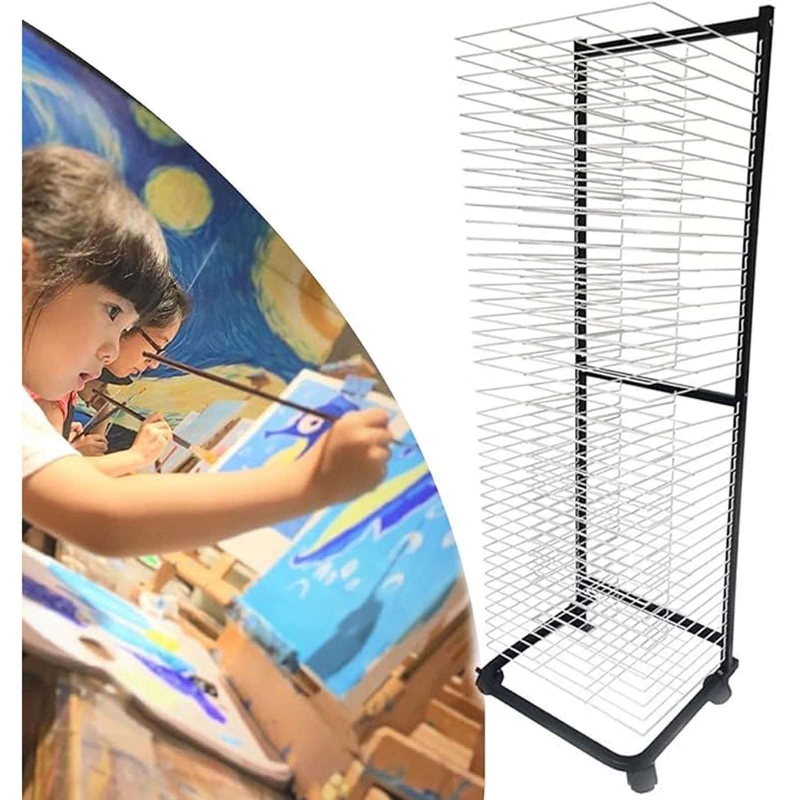 THEGA Art Drying Rack - Sturdy Metal Art Rack, Keep Artwork Protected While Drying, Steel Drying Painting Racks, Sturdy Paint Drying Rack With Lockable Wheels, Space Saving Rack Drying(40 layers)