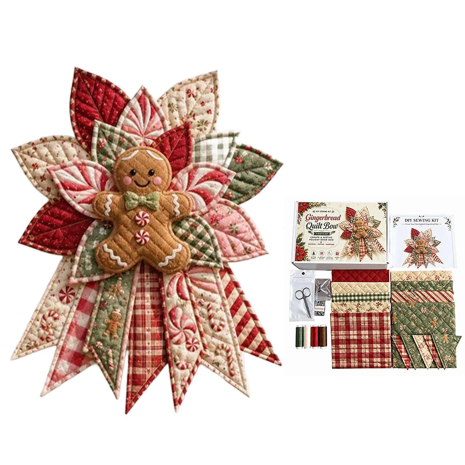 Festive Quilted Christmas Door Hanging DIY Sewing Kit, Christmas Quilted Bow DIY Kits with Fabric, Batting, Thread & Instructions, Patchwork Hanging Decor Kits for Birthday,Parties,Weddings